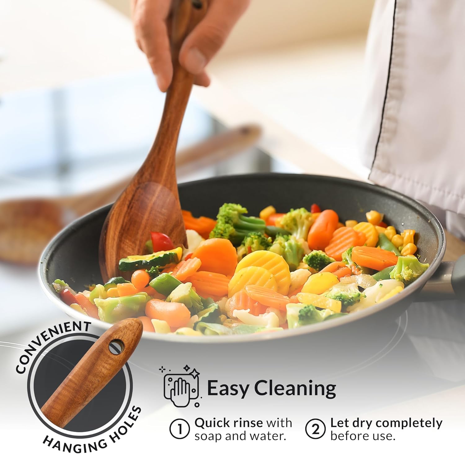 Zulay Kitchen 7-Piece Wooden Cooking Spoons Set – Heat-Resistant, Smooth Teak Utensils with Comfort Grip – Lightweight & Durable – Easy to Clean, Perfect for Non-Stick Cookware