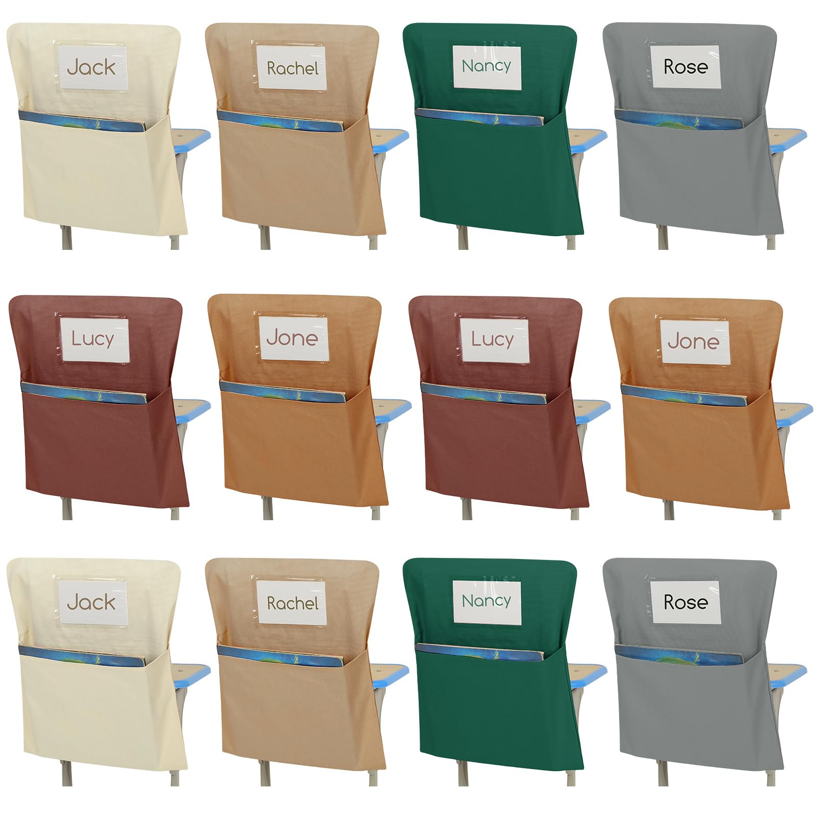 Locmeo 12 Pcs Chair Pockets for Classrooms 20 x 17 Inch Chair Pockets Organizer with Name Tag for Keeping Student Book School Table Organized(Boho)