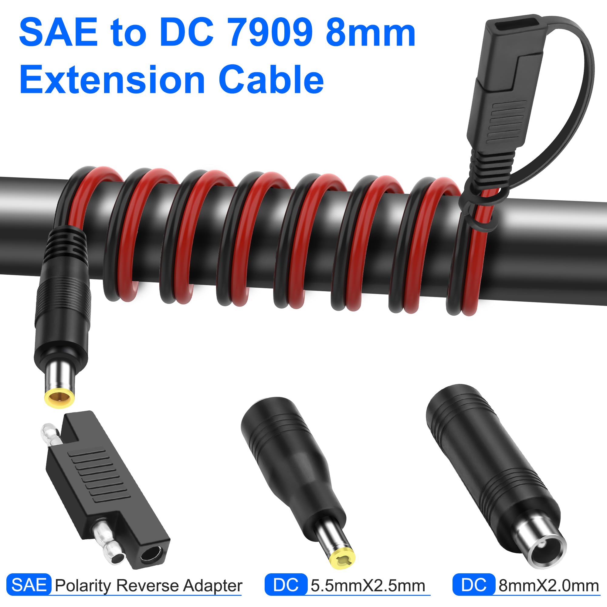 XMSJSIY 14AWG SAE na DC 7909 kabel przedłużający 8 mm z adapterem polaryzacyjnym SAE i konwerterem DC5525/8020, solarny kabel zasilający do panelu słonecznego samochodu, kampera, przenośna elektrownia