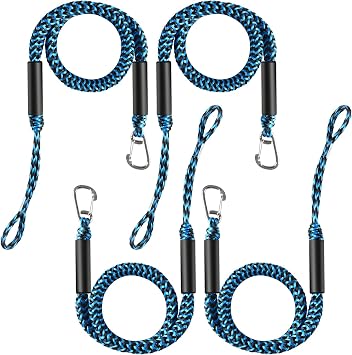 4 Pcs Boat Bungee Dock Lines, 4 Feet Mooring Rope for Docking Stretches to 6 Feet, Mooring Line Boat Accessories Docking Ropes PWC Dock Ties for Boats with a Hook (Blue and Black)