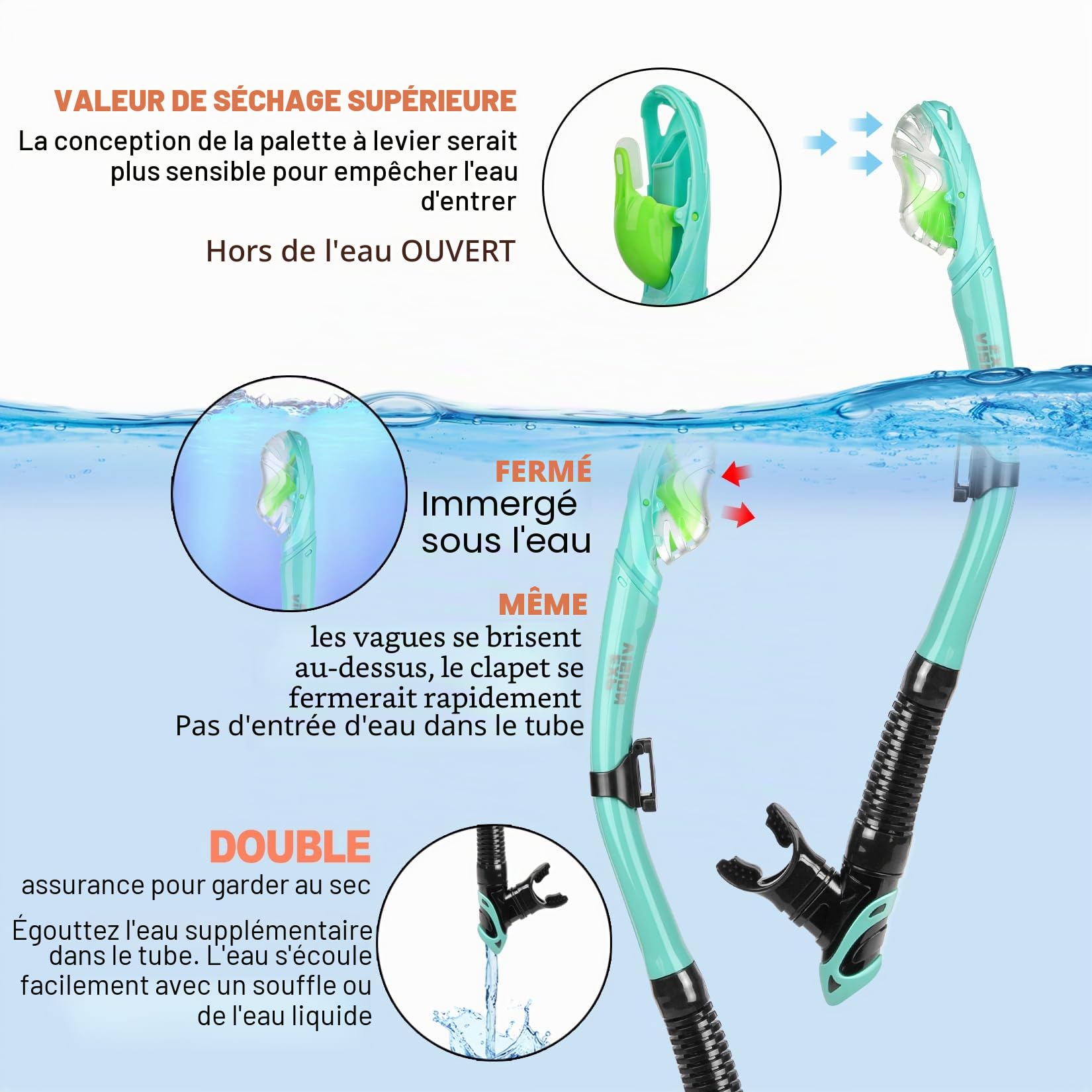 Masque de Plongée avec Tuba Sec, Pano à 3 Fenêtres, Antibuée pour Adultes