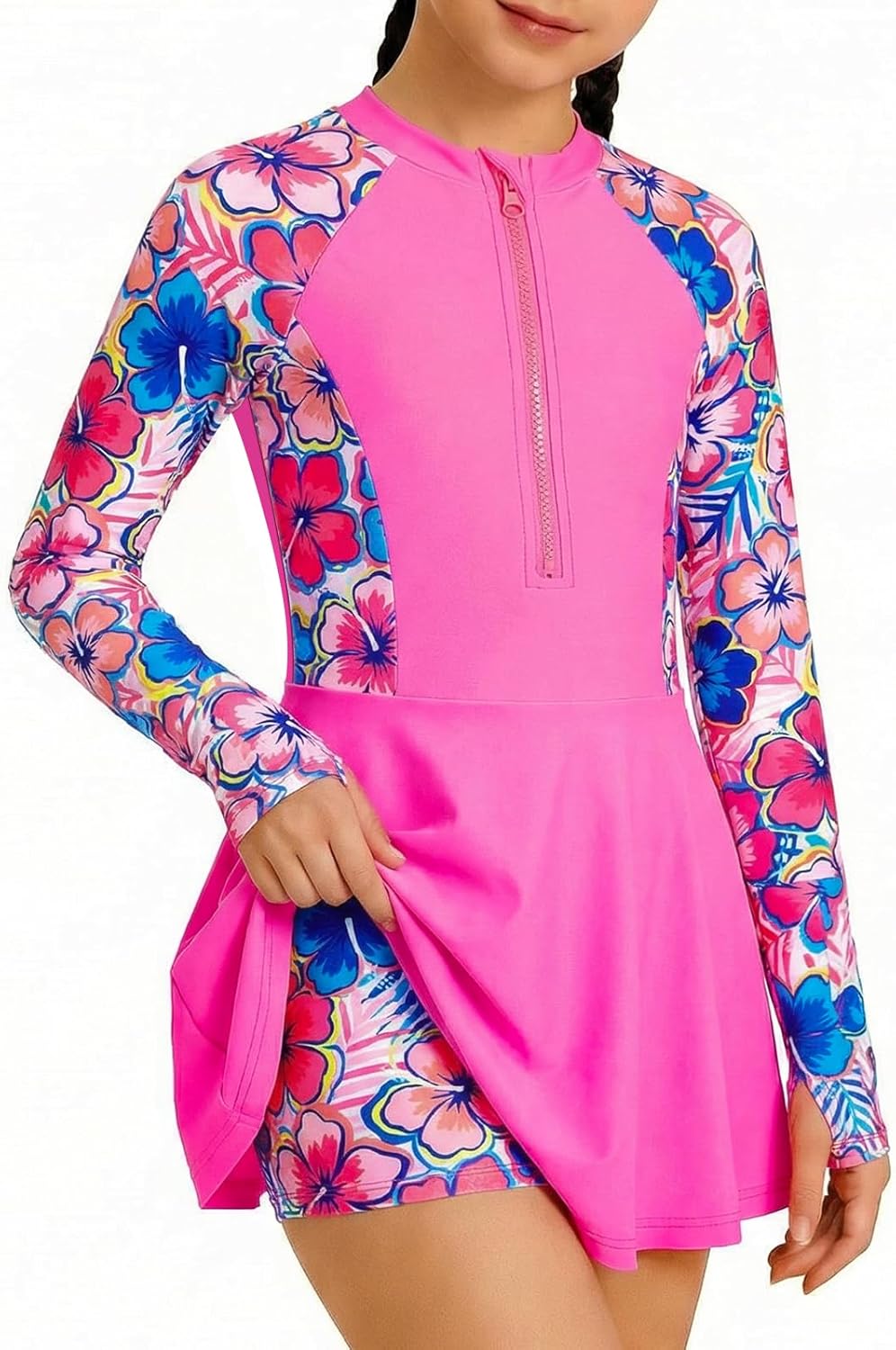 HOZIY Girls Long Sleeve Swimsuit Two Piece Rash Guard Dress with Swim Shorts Front Zip for Kids Tween Teens UPF 50+