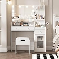 Vista 2 de Vabches Vanity with Mirror and Lights, Makeup Vanity Table with Charging Station, Cute Vanity Set with Comfortable Bench, Dressing Table with 3