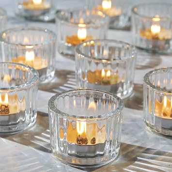 Clear Glass Tea Light Candle Holders, 12 Pcs Ribbed Votive Tealight Holders 5cm x 3.5cm Vintage Candle Holder for Weddings, Birthday Parties, Home Decor, Table Centerpiece