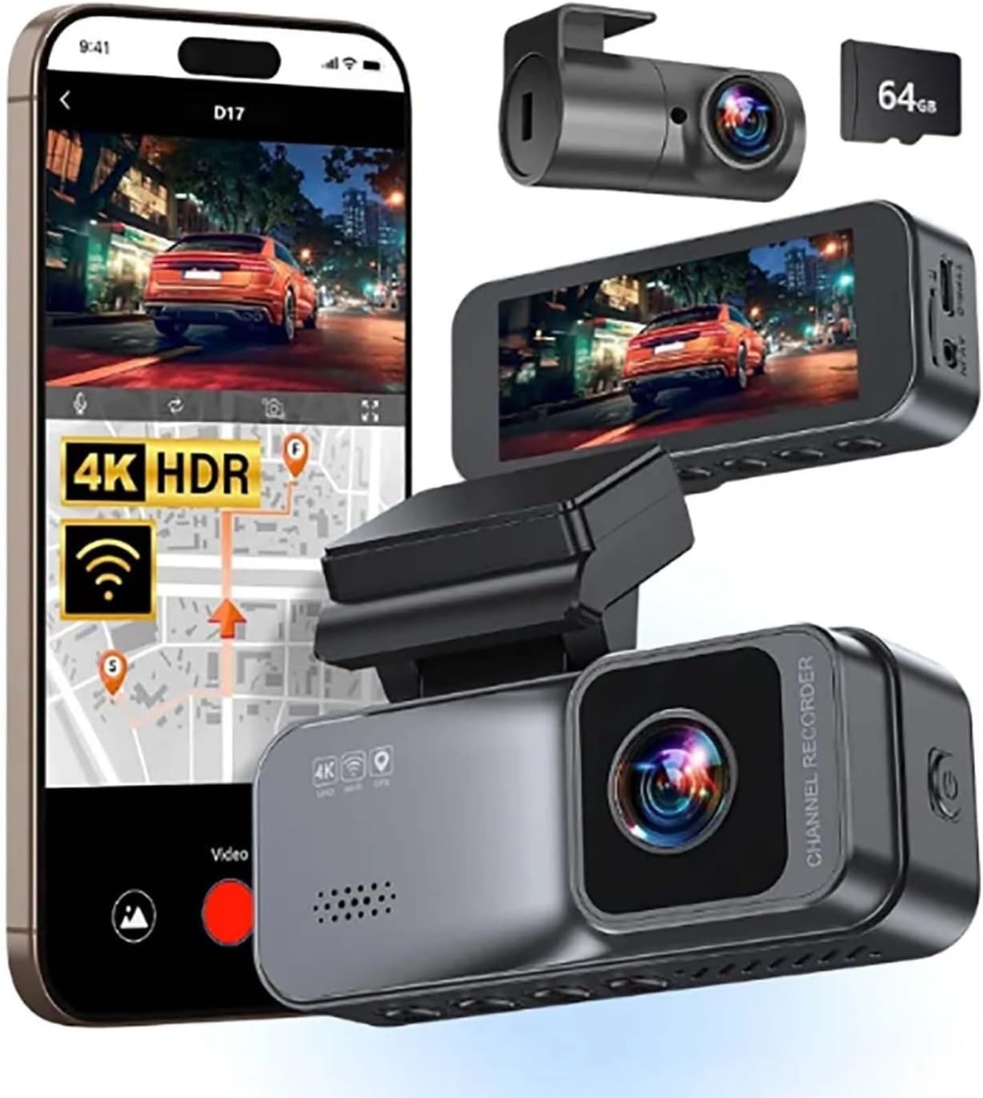 Auto Dash Cam, 4K HDR Aufnahme, WiFi App Steuerung, 170° Weitwinkel, 1440P vorne & 1080P hinten, Temperaturbeständig, für Autos