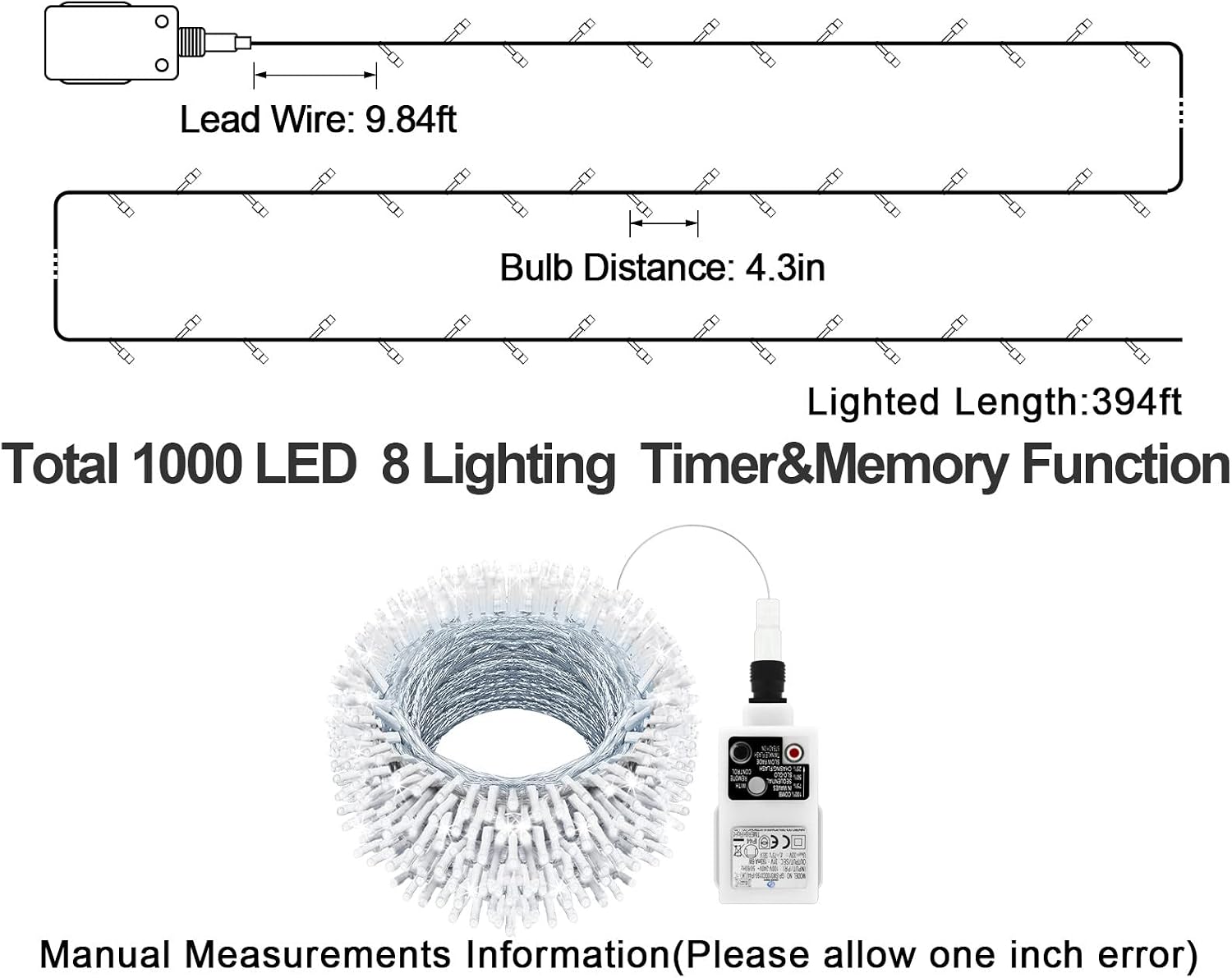 120M 1000 LED Fairy Lights Outdoor String Lights Plug in Extra Long Christmas Lights Waterproof with Remote Timer 8 Modes for Outside Garden Patio Party Wedding Yard Tree Decorations Cool White - Image 5