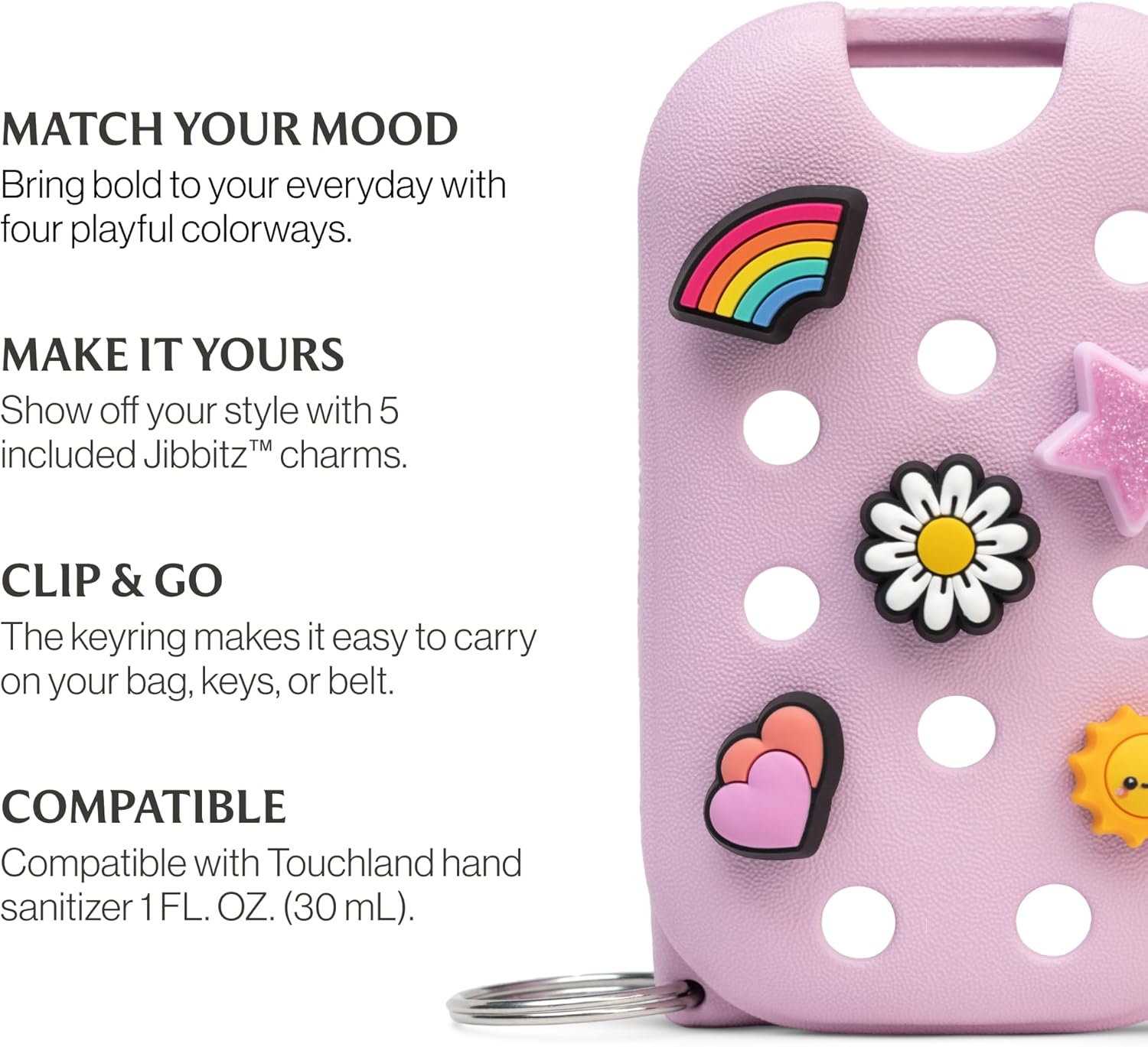 Touchland x Crocs Special Edition Mist Case 1 Fl. OZ., Stylish Hand Sanitizer Spray Accessory, with 5 JibbitzTM Charms and Keyring, Sugarpop Pink Color - Image 7