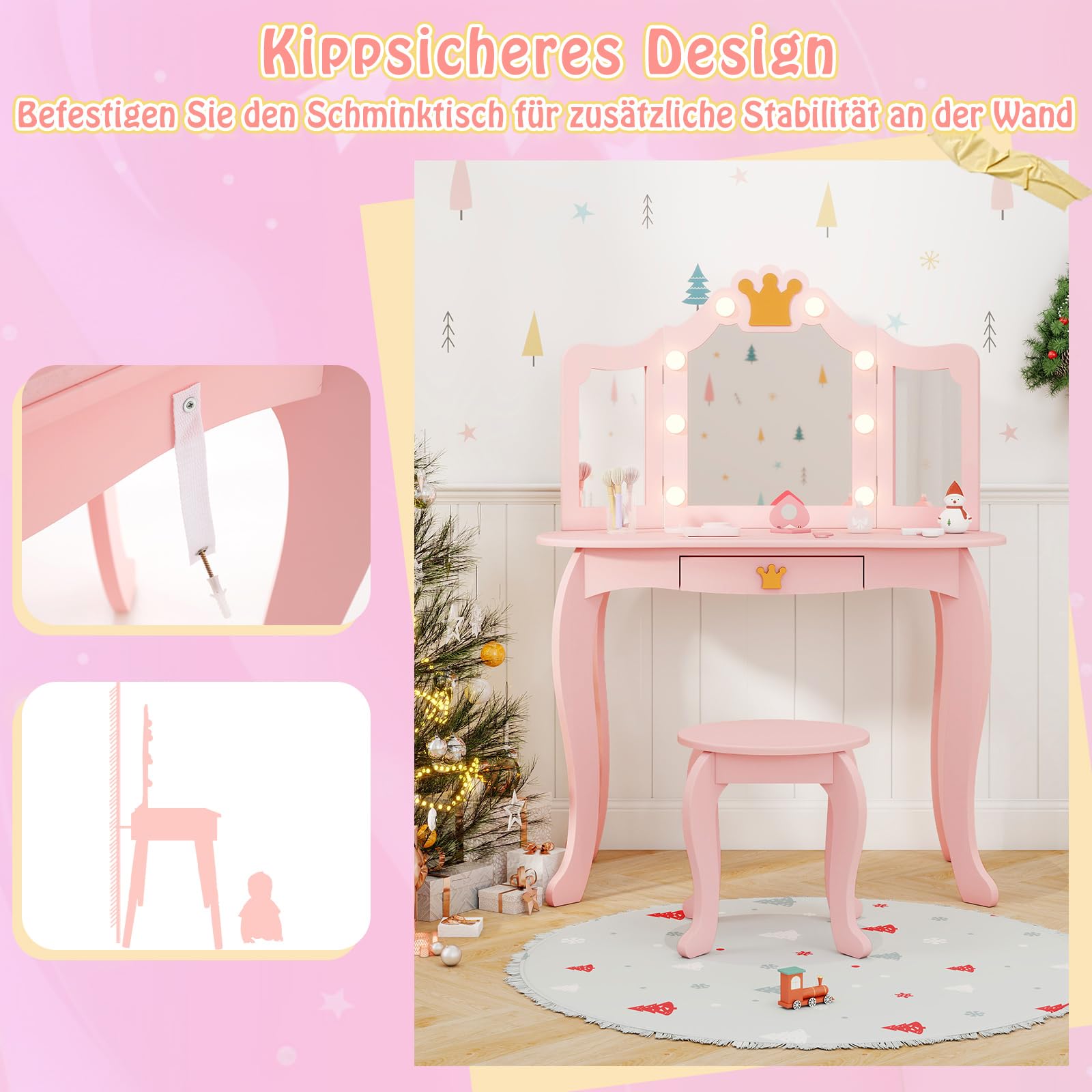 COSTWAY Kinder Schminktisch mit Beleuchtung, Frisiertisch Mädchen mit dreifach klappbarem Spiegel & Schublade, Kosmetiktisch aus Holz mit Hocker, Kinderschminktisch Set für Kinder ab 3 Jahren (Rosa)