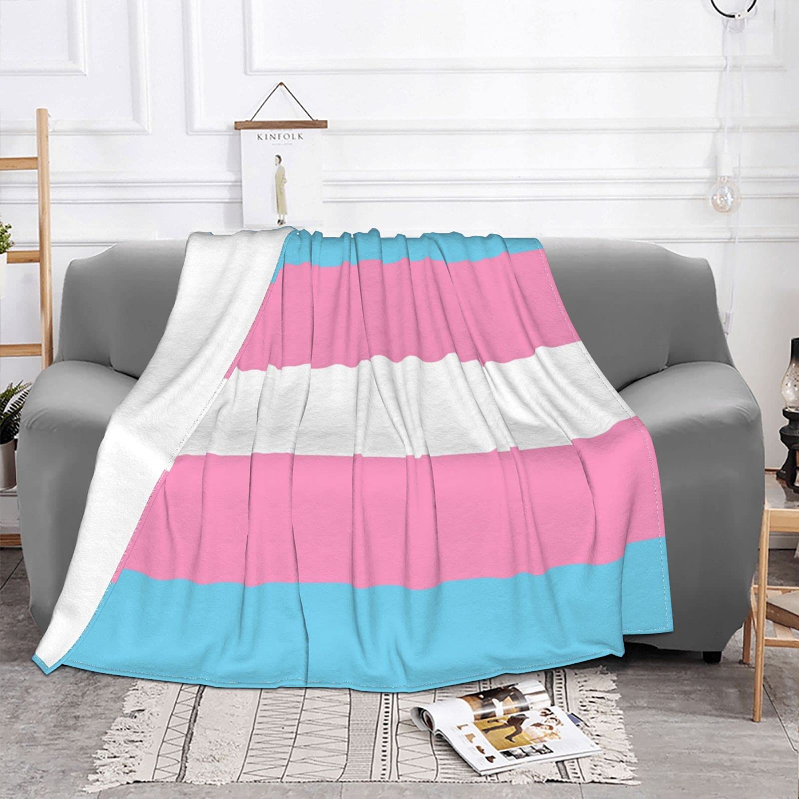 Transgender Blanket Transgender Pride Flag Stripe Throw Blankets, Blue Pink White Stripes Ultra Soft Cozy Fleece Sofa Blanket for Men Women, Plush Warm Fuzzy Blankets Decor 80"x60"