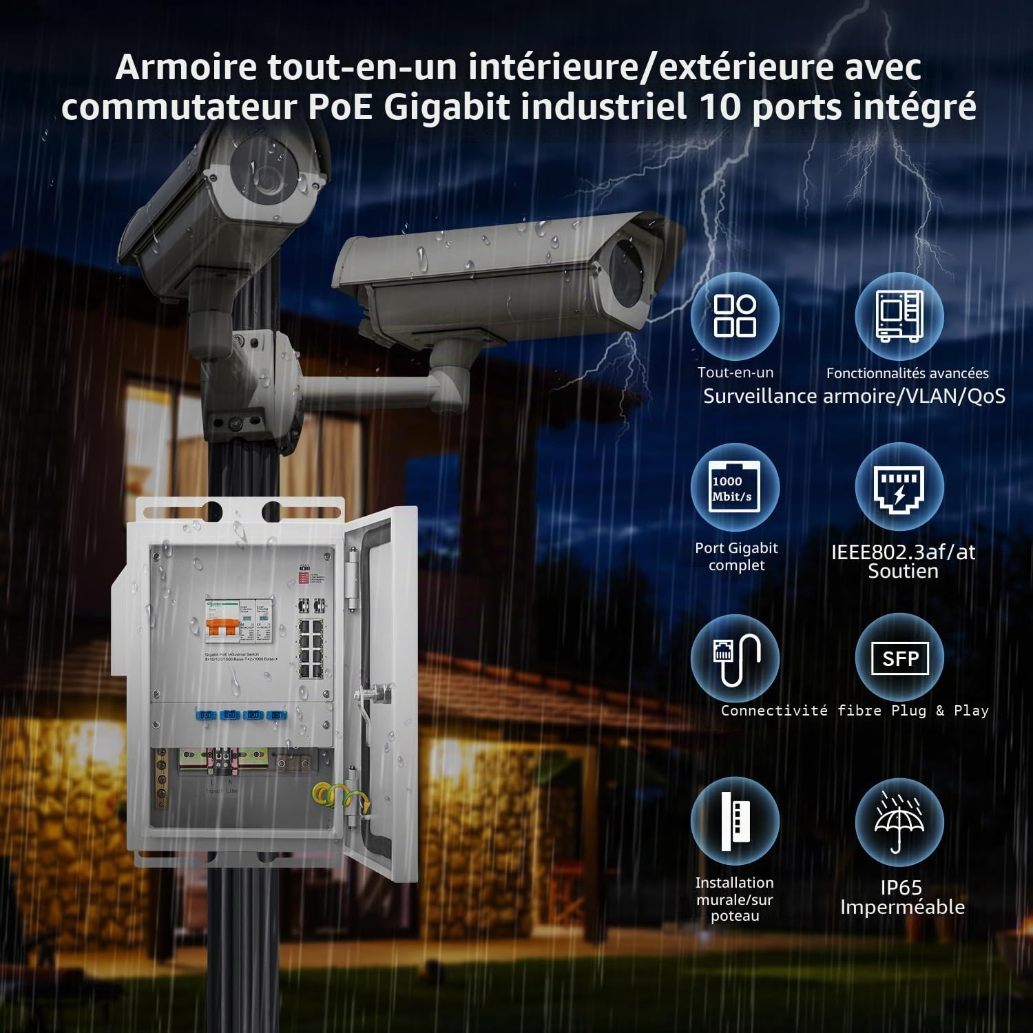 MokerLink Boîtier industriel intérieur/extérieur 8 ports Gigabit PoE+ SFP 2 ports 1000BASE alimentation IEEE802.3af/at 246W Plug and Play métal IP65 -40 à 70