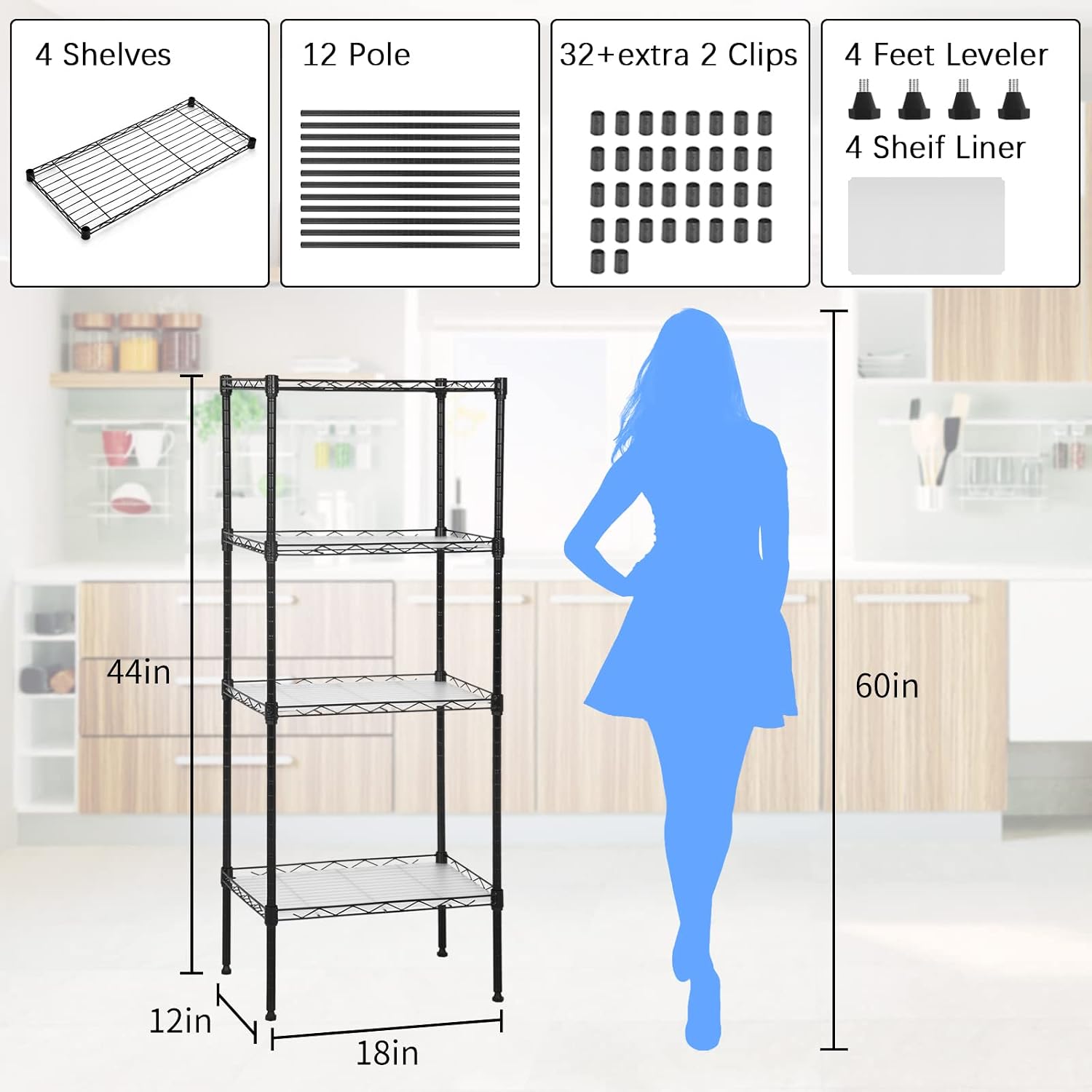 Wire Shelving Unit with PP Liners, 4 Tier Metal Storage Shelves for Laundry Room Organization, Closet Shelf Organizer, Kitchen Rack, Garage Storage, Black, 18" x 12" x 44"