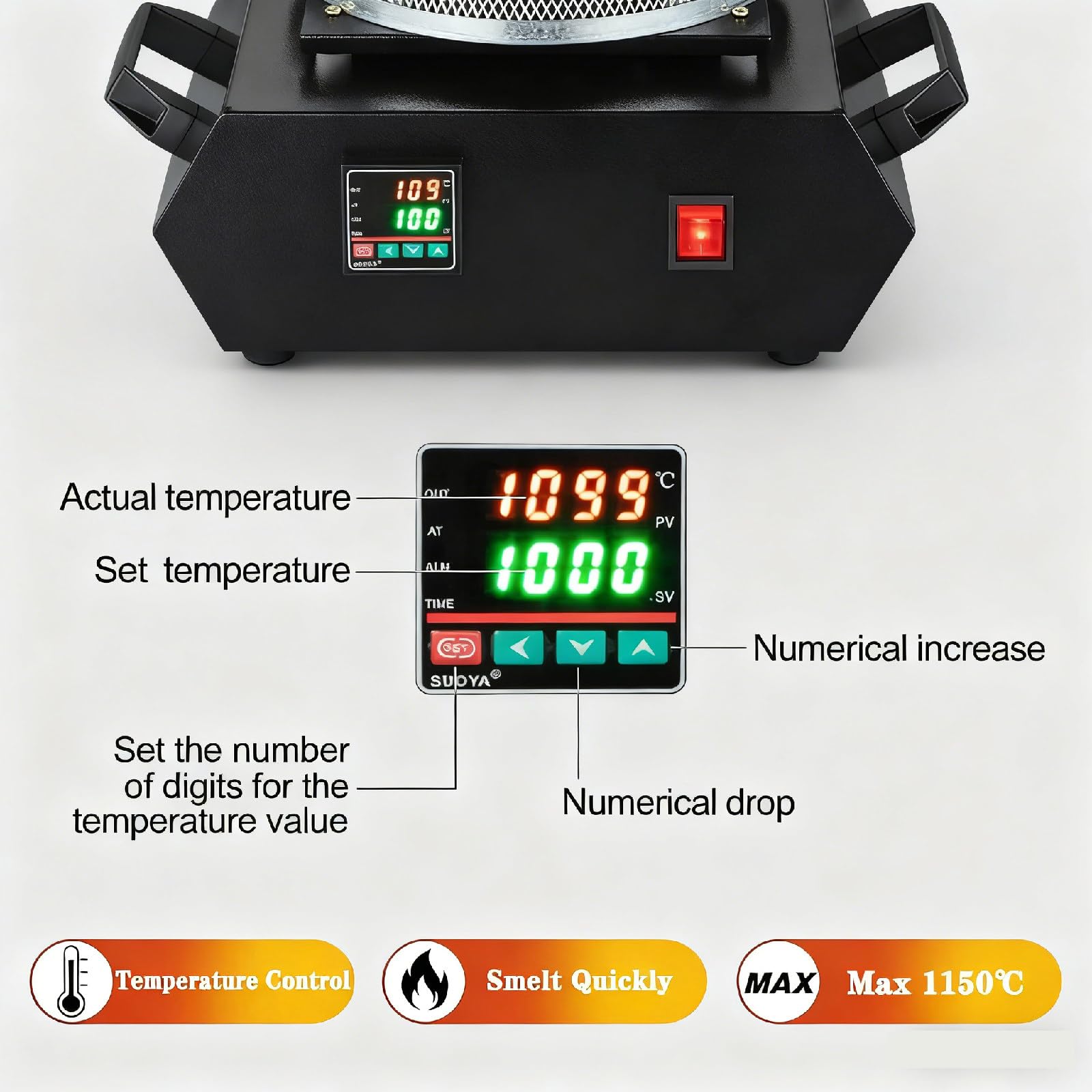 Horno eléctrico de fusión de oro, 1500 W, fundición rápida de 1,150.0 °C con crisol de grafito, control de temperatura LED, incluye guantes aislantes del calor y pinzas para crisol