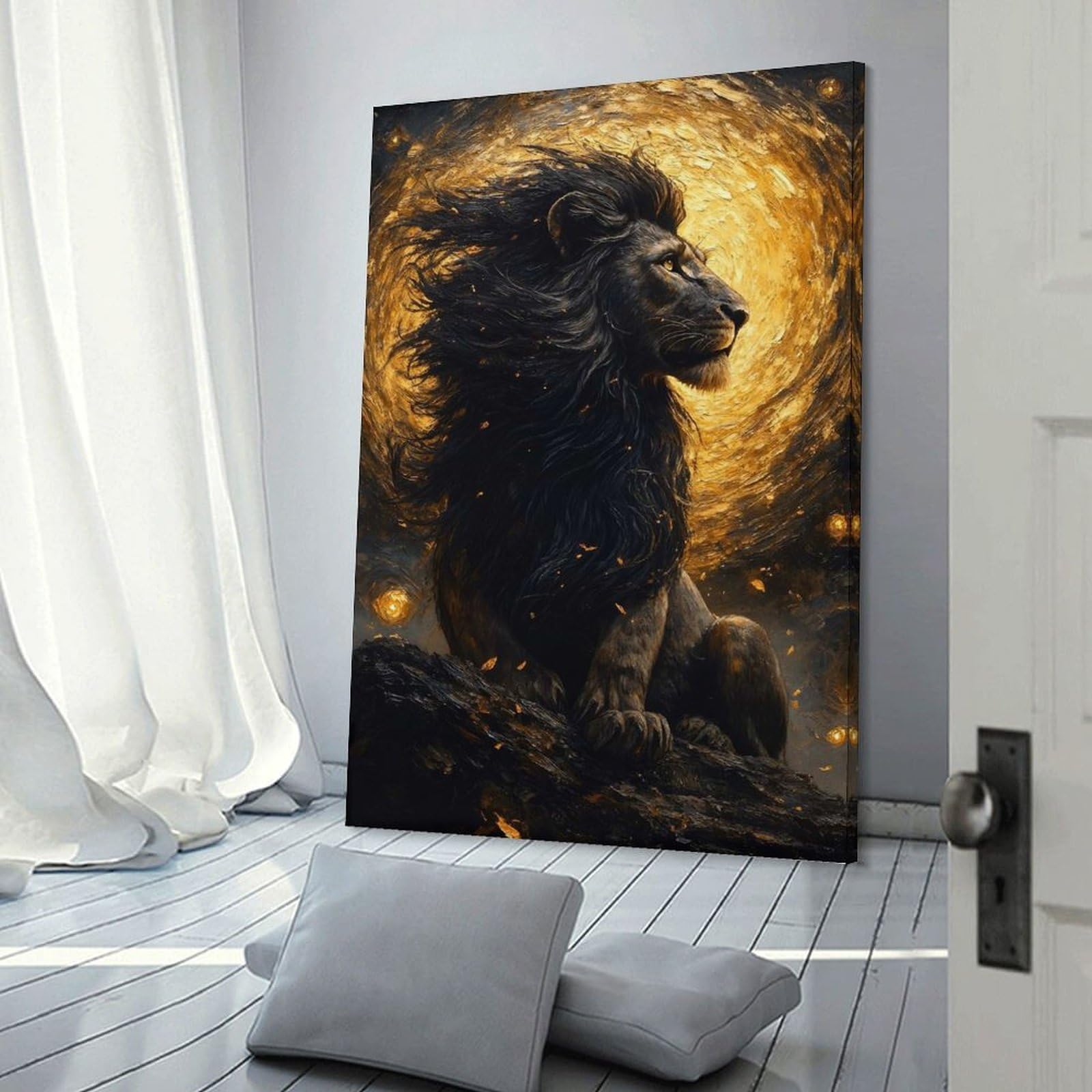 Junmoney Frame-Style-4-1 Lion In Golden Light Home Decor Wall Art 12X18inch(30X45cm), For Hallway, Bedroom Or Modern Interiors, Canvas Artwork With Gifting Potential