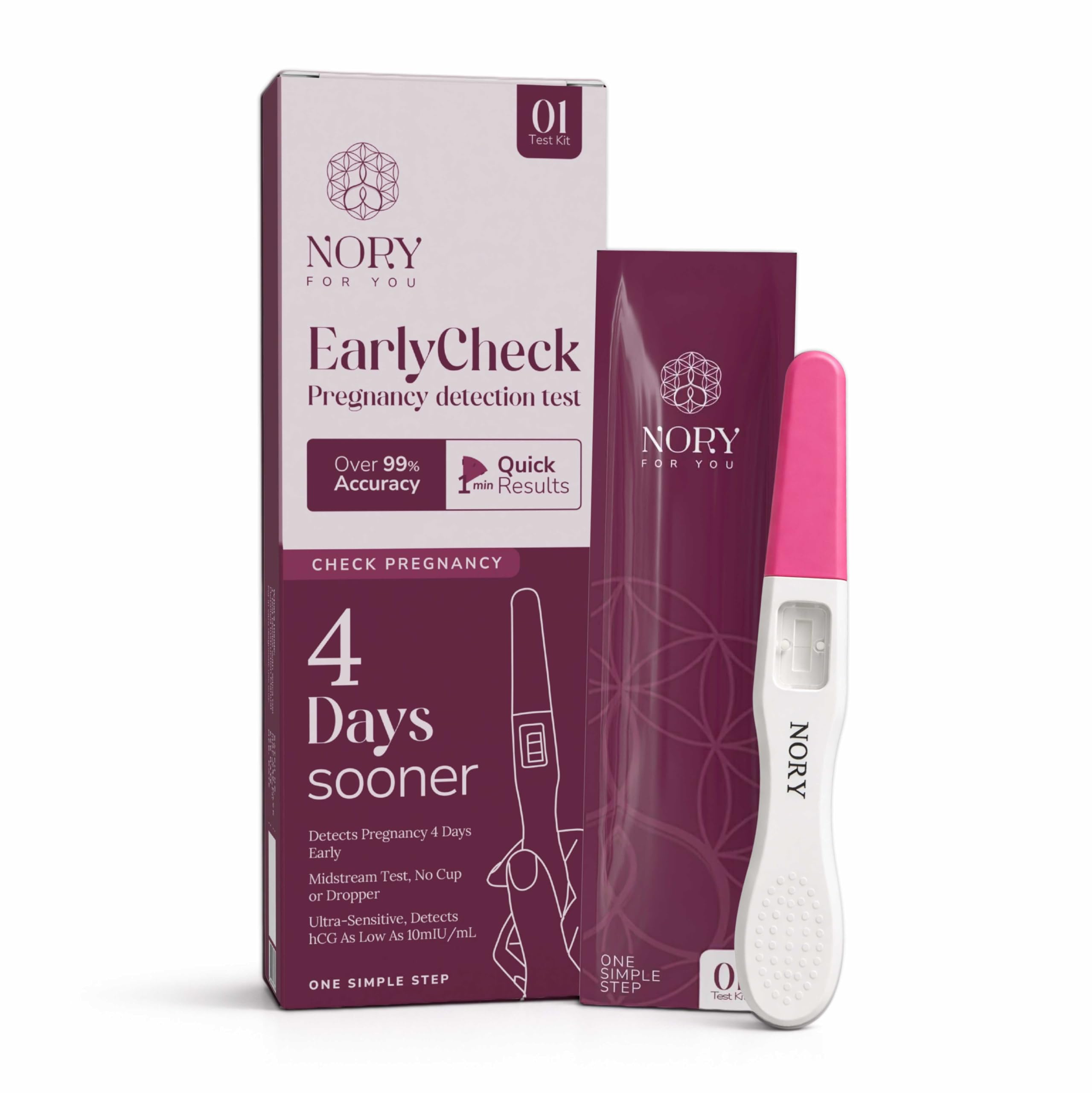 NORY EarlyCheck Pregnancy Test Kit – Detects 4 Days Sooner | Over 99% Accuracy | Ultra-Sensitive hCG Detection (10 mIU/mL) | Quick 1-Min Result | Midstream Test | Pregnancy Test Kit for Women
