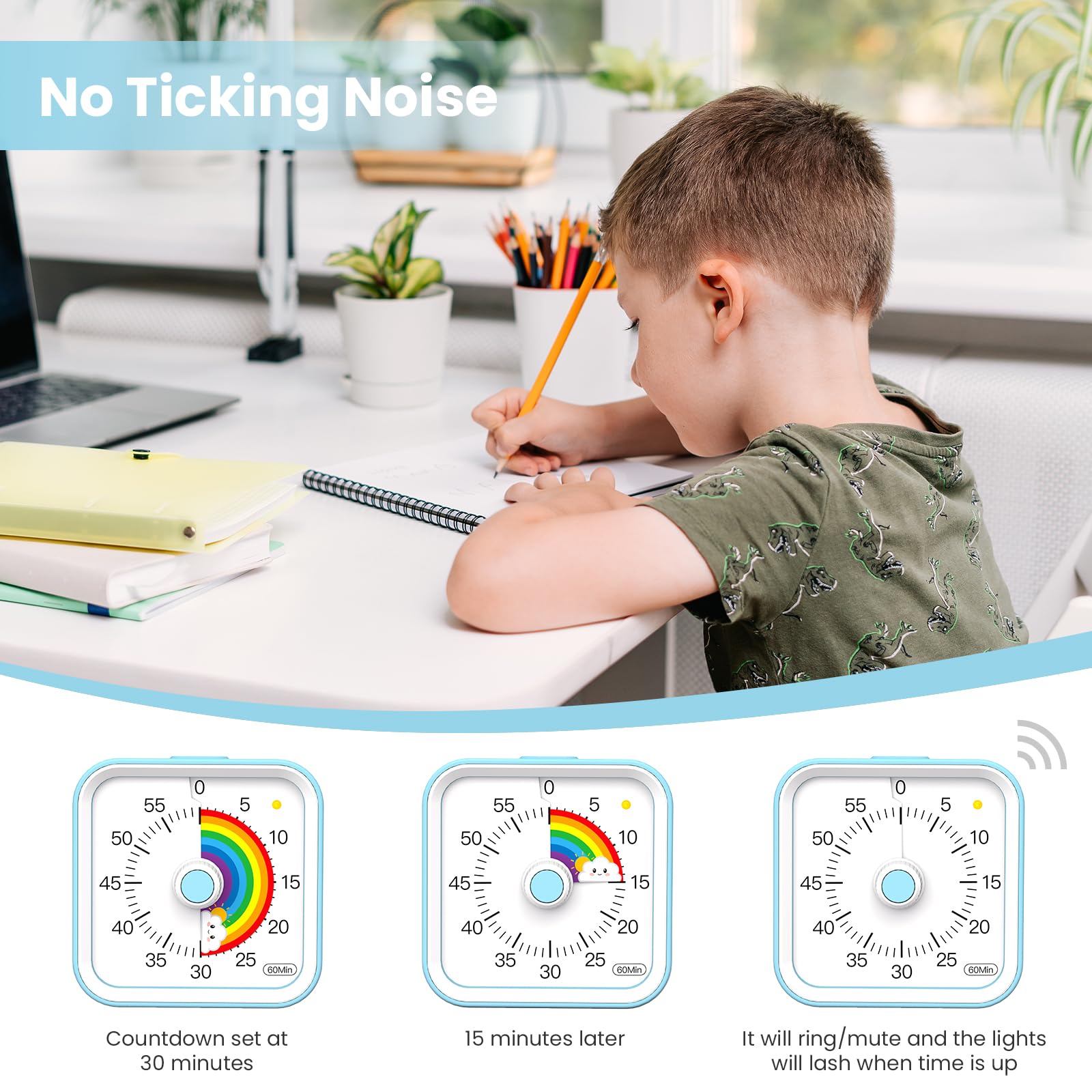 Minuteur Visuel Pour Enfants Et Adultes‌, Minuteur à Décompte De 60 Minutes Avec Fonction Flash Silencieuse Motif Arc En Ciel Timer Enfant Pour Salle De Classe Maison Cuisine Bleu 90658809