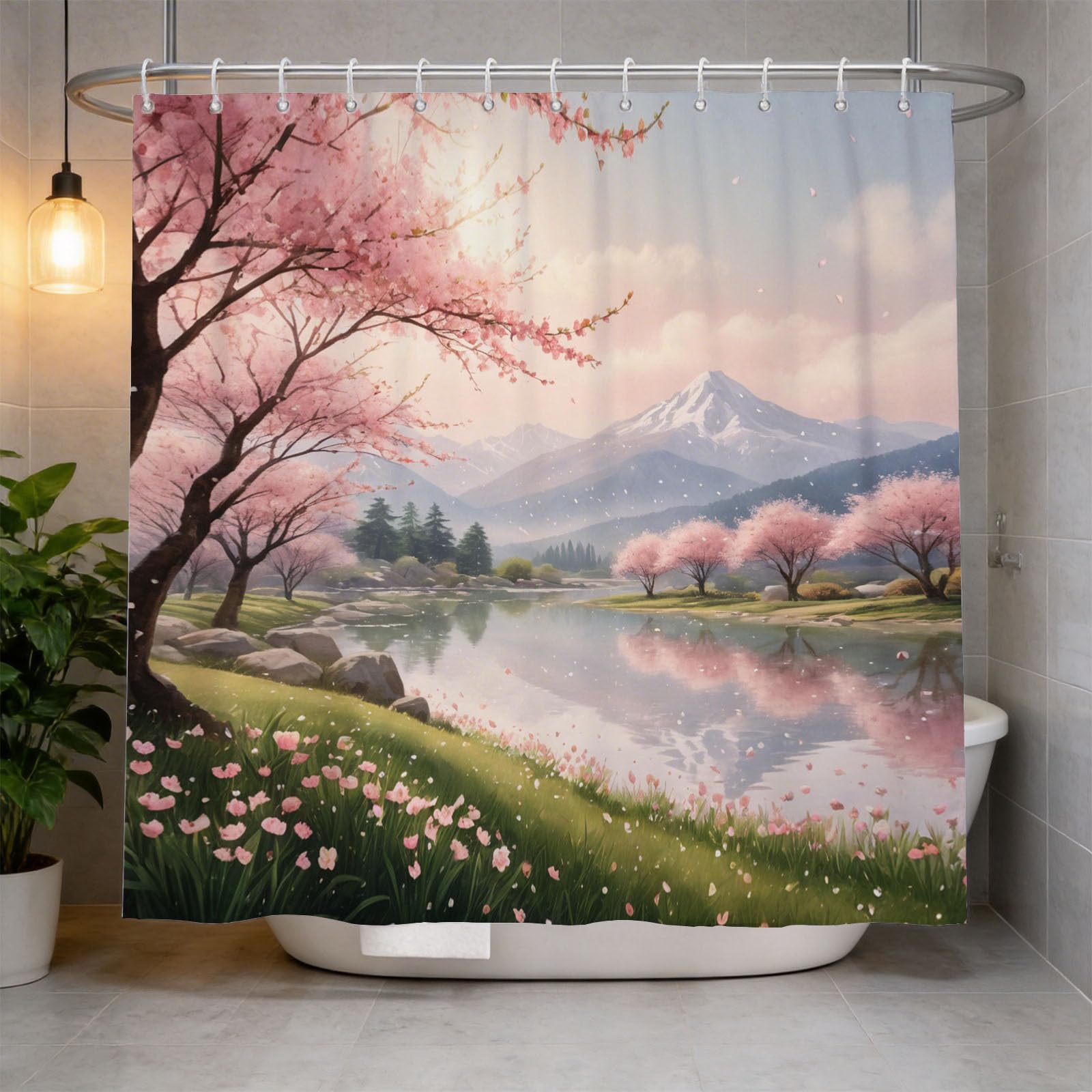 Hongduo 3D Cherry Blossum Shower Curtain for Stalls Bathtubs Branch Bathroom Decor Shower Curtain Set Polyester Fabric Waterproof 200x200cm/79X79 Inch with Hooks