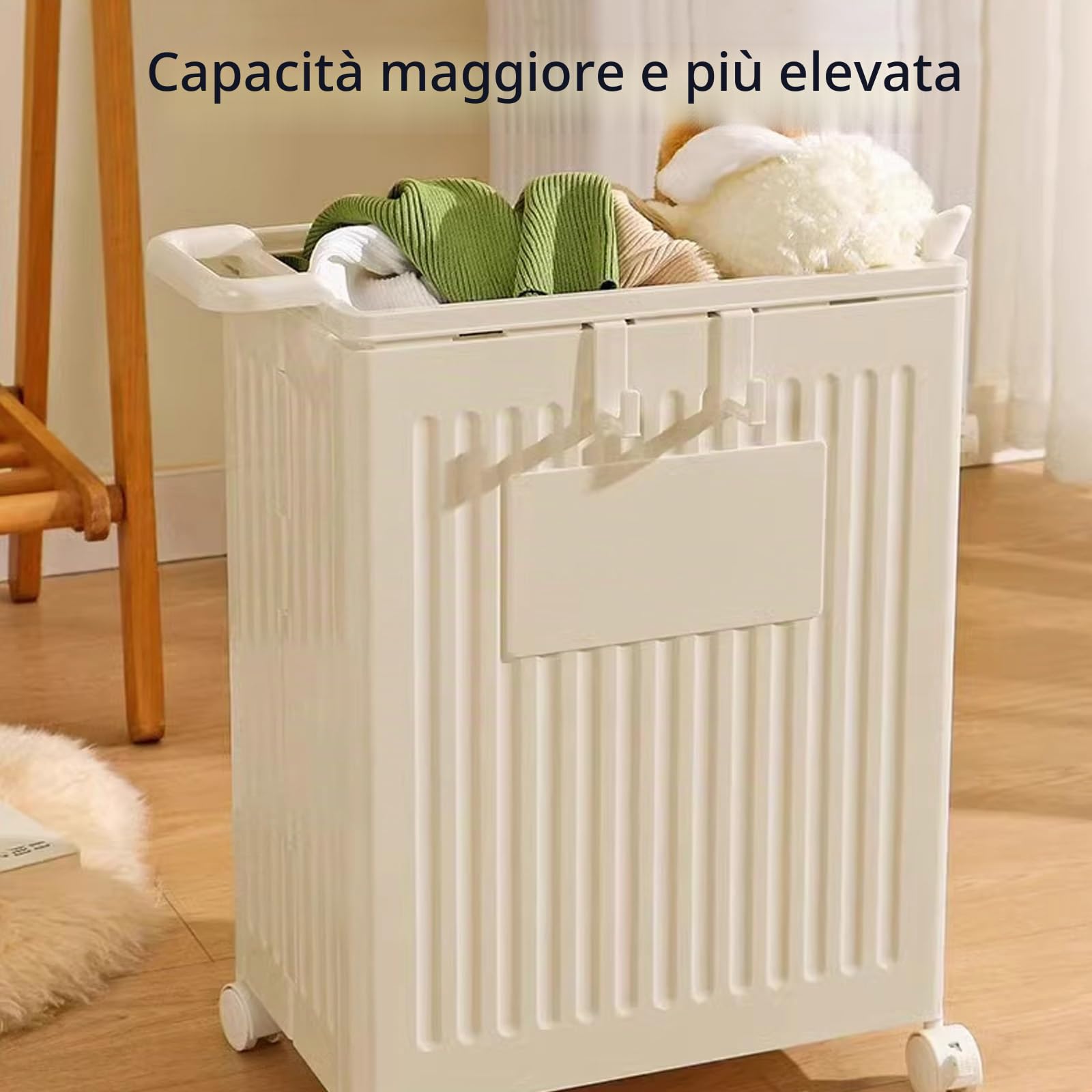 Cesto Biancheria Plastica Cesta Panni Sporchi Salvaspazio con Maniglia e Coperchio Carrello Portabiancheria con Ruote Adatto a Soggiorno, Bagno, Lavanderia(White)