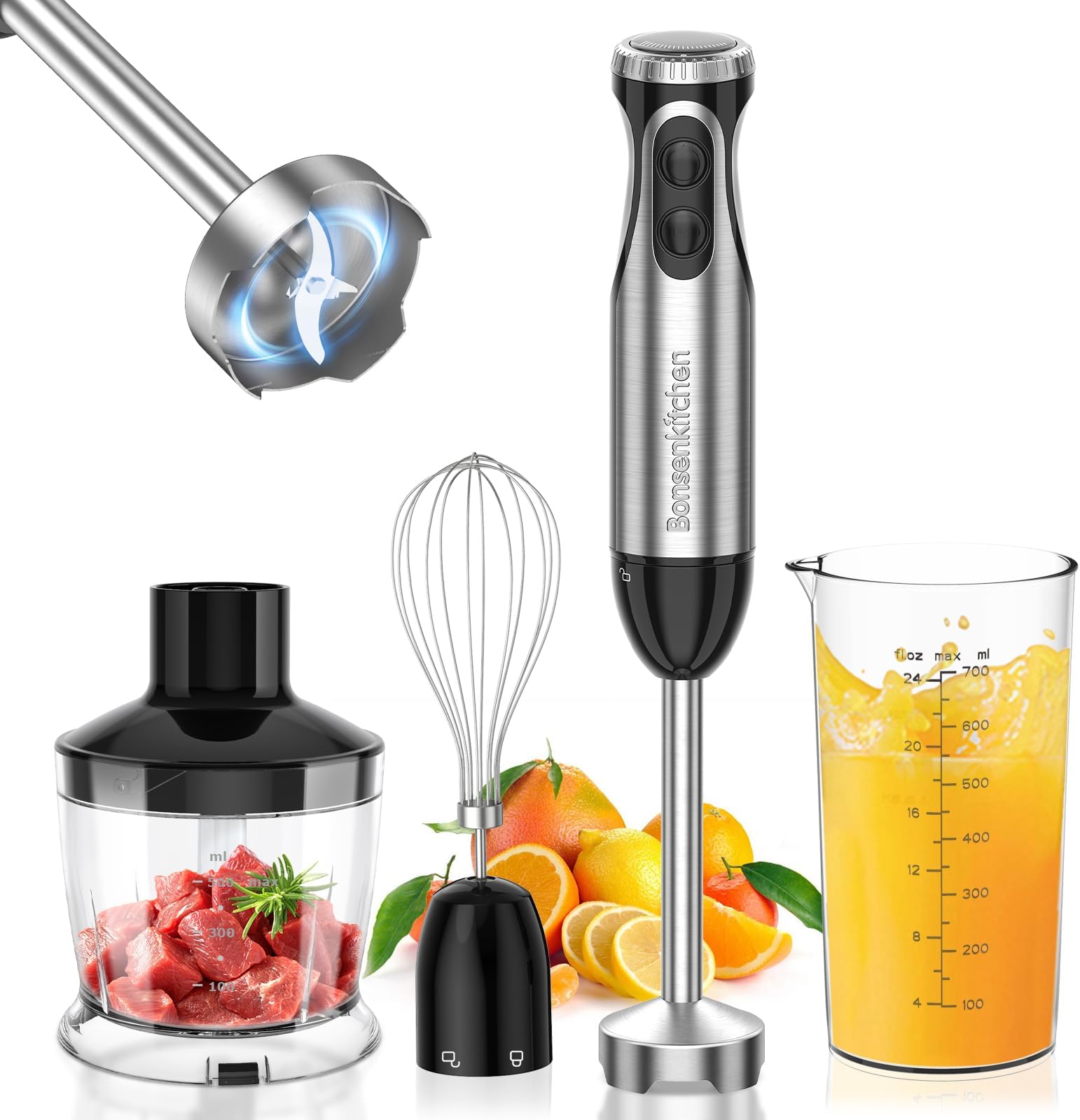 Stainless Steel Hand Blender, 4-in-1 Stick Blender 1000W, 20 Speed Adjustable, with Whisk, 500ml Chopper and 700ml Measuring Cup, Food Processor (HB3203)