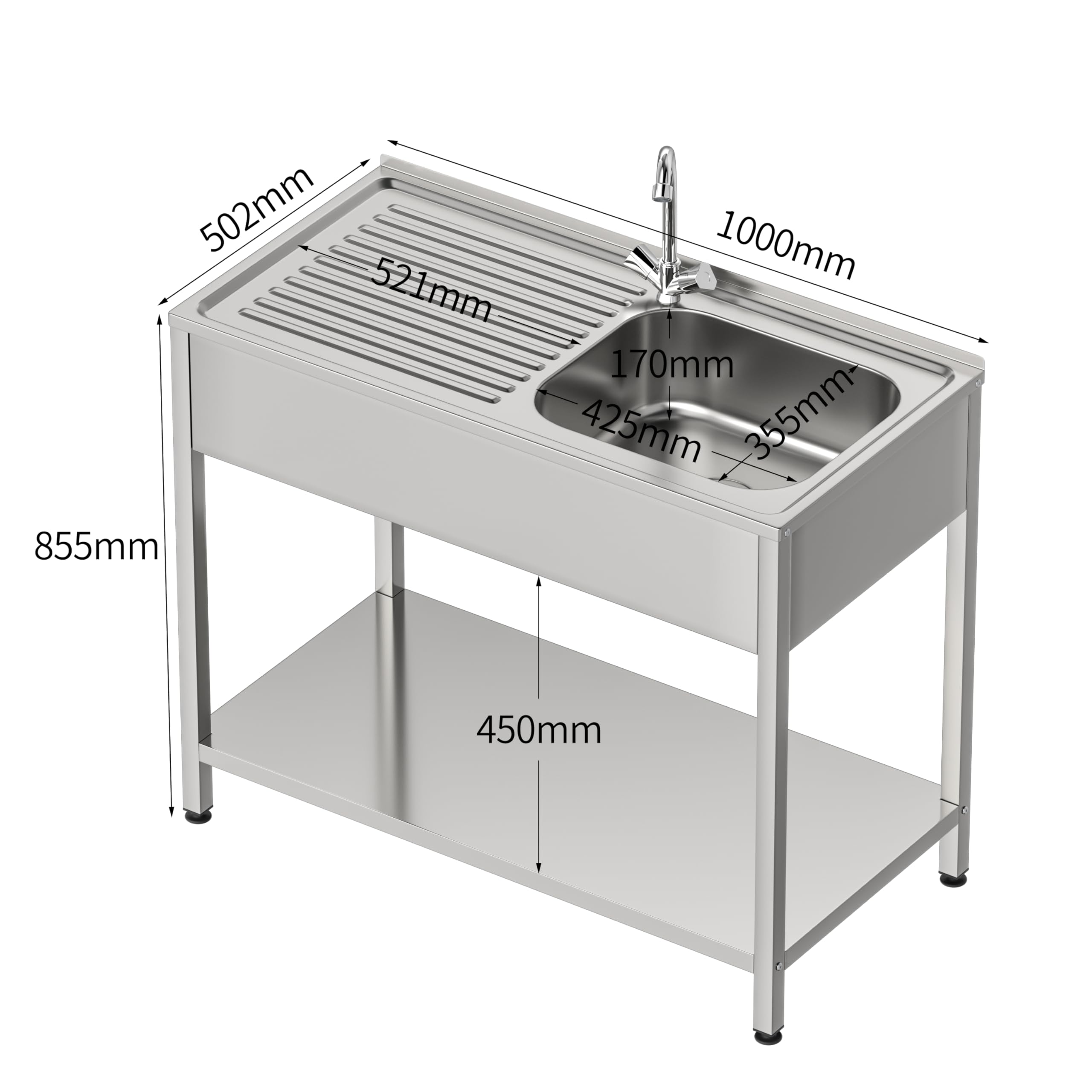 Fregadero Industrial Acero Inoxidable, 1 Seno con Escurridor, 1000x500x850 mm, Acabado Pulido Satinado, Ideal Hostelería y Cocina Profesional (Monomando Dos Aguas, Seno Izquierda + Faldones)