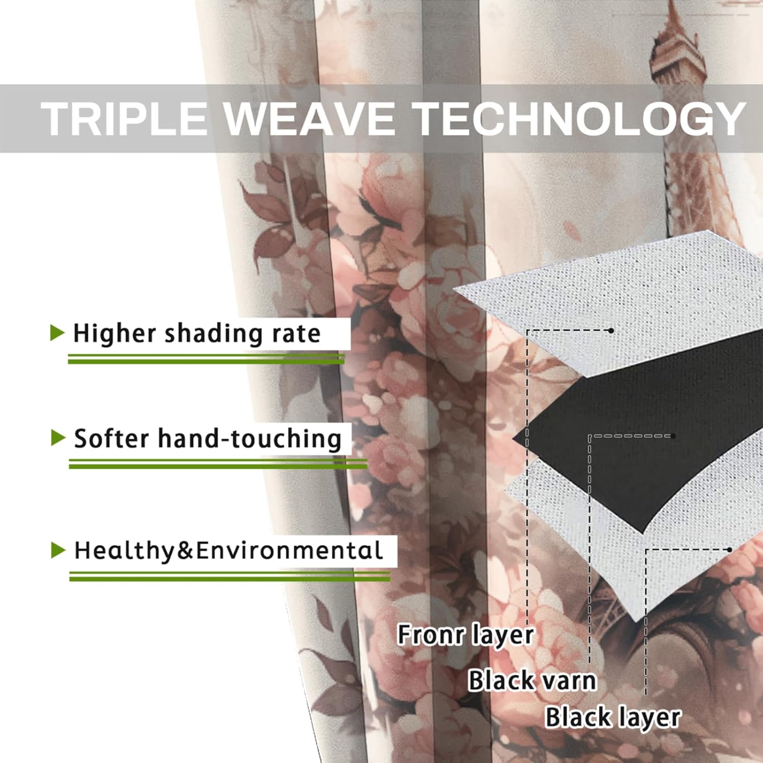 Paris Tower, Blackout Curtain Panels Vintage Floral and France Romance Street Rustic Rod Pocket Window Drapes Treatment for Living Room Bedroom 42x45 Inch