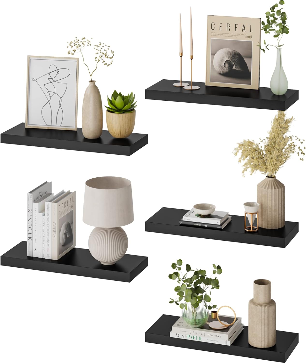WOPITUES Black Floating Shelves for Wall, 5 Sets Black Wall Shelves for