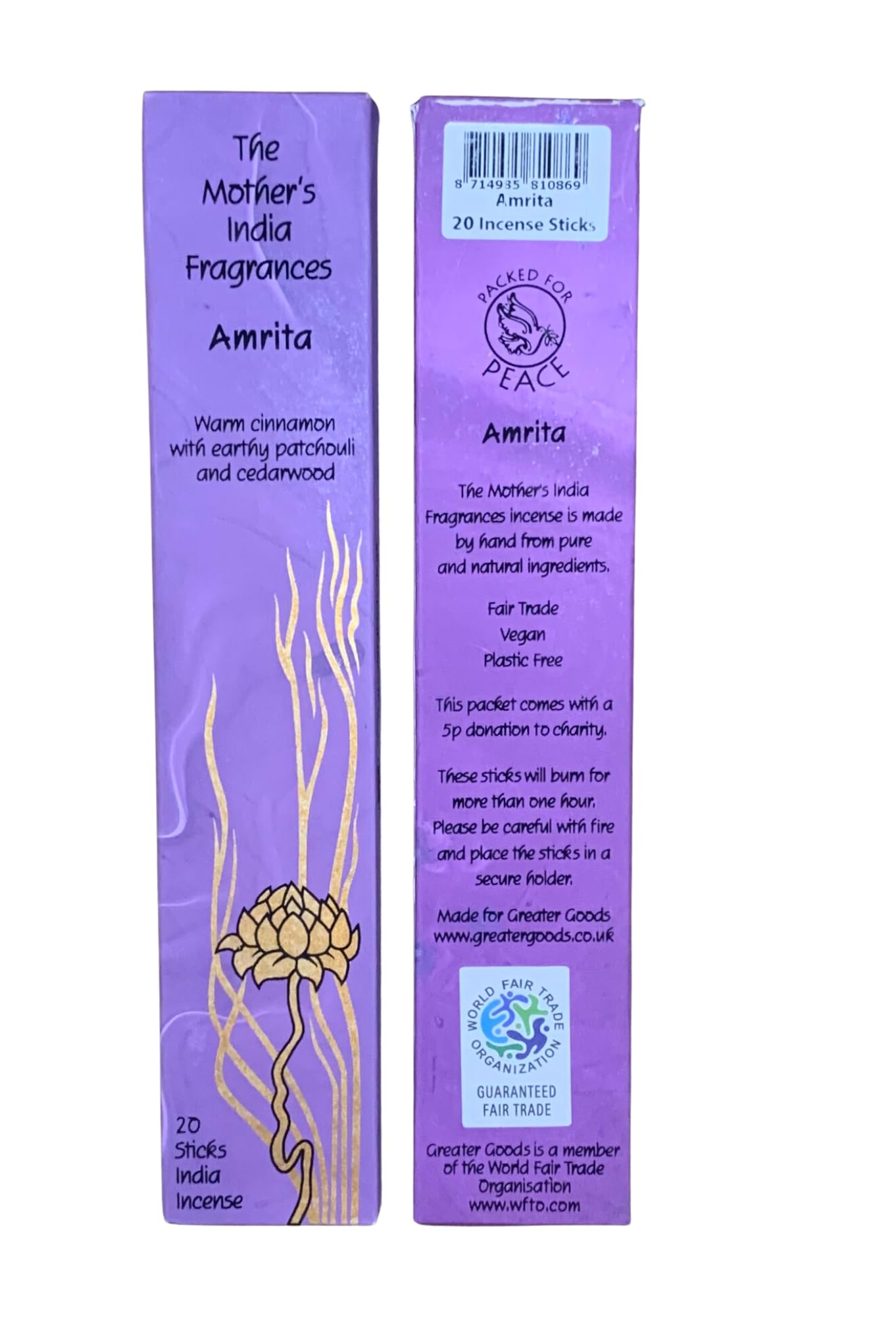 Giftlocaluk Purple Mother's India Amrita Incense - Cinnamon, Patchouli & Cedarwood Blend (20 Sticks) Fair Trade