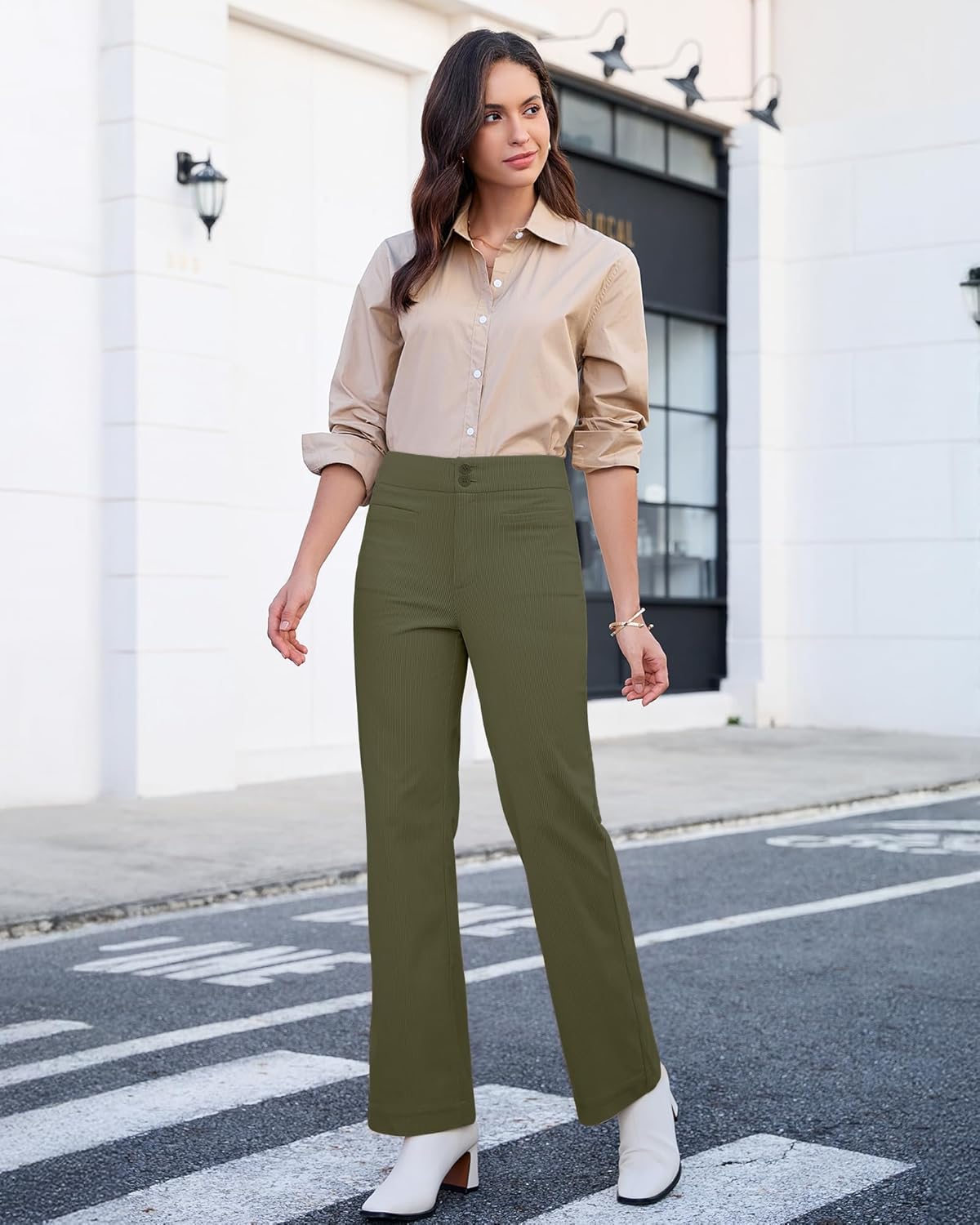 GRAPENT Corduroy Wide Leg Pants Woman High Waisted Trendy Fall Work Casual Elastic Waist Duo Button Welt Pocket Trousers - Image 7