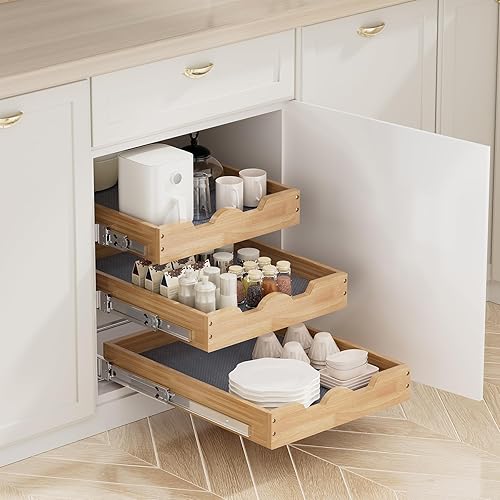 Vista 11 de DINDON Organizador de armario extraíble de 2 niveles (20 pulgadas de ancho x 18 pulgadas de profundidad) cajón de madera deslizante de doble nivel