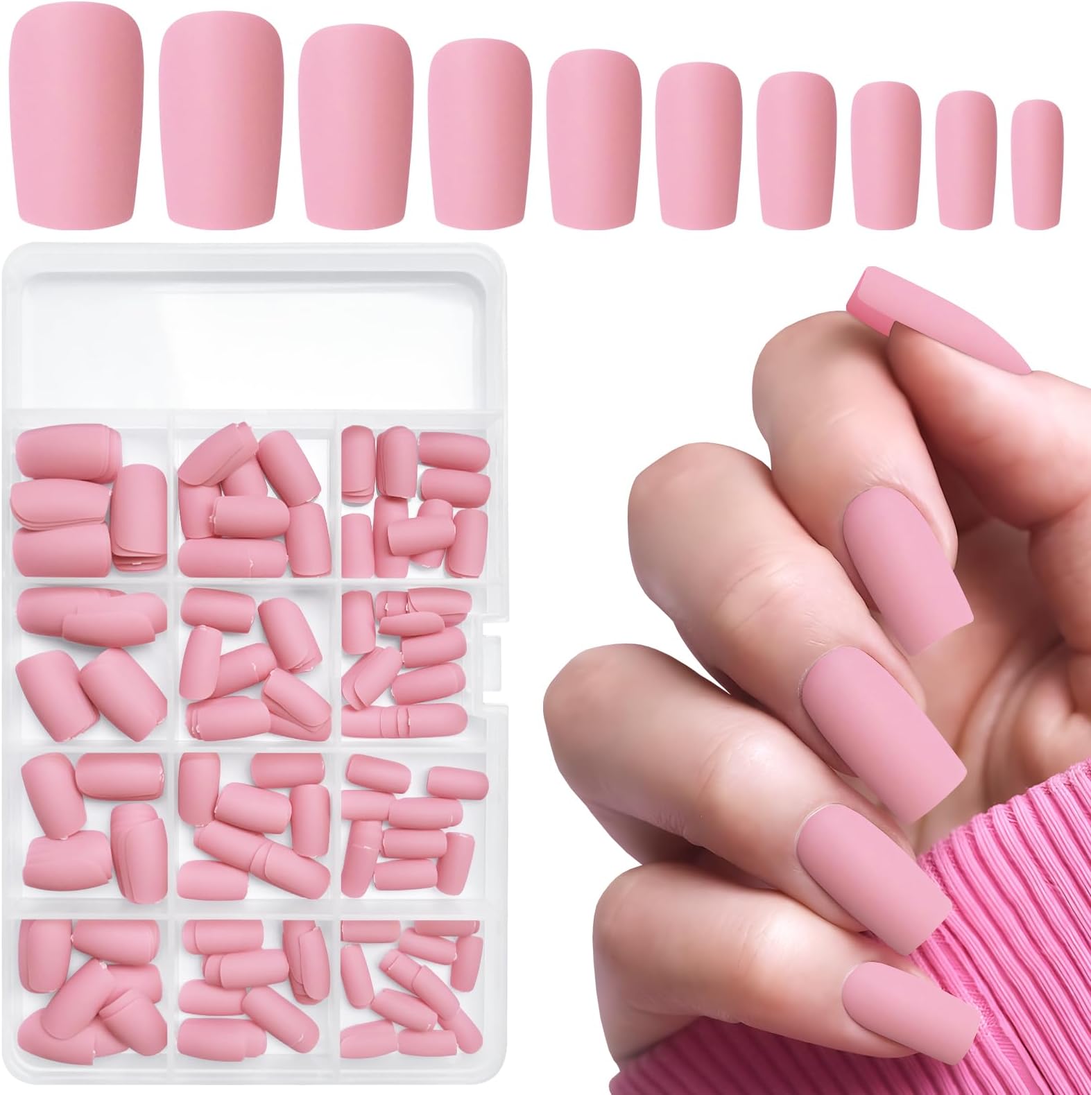 LuckForever 240pc Matte Square Press on Nails Medium Glue on Nails Petal Pink Fake Nails Medium Square Acrylic Nails Press on Nails Full Cover Artificial False Fingernails with Glue Adhesive Tabs