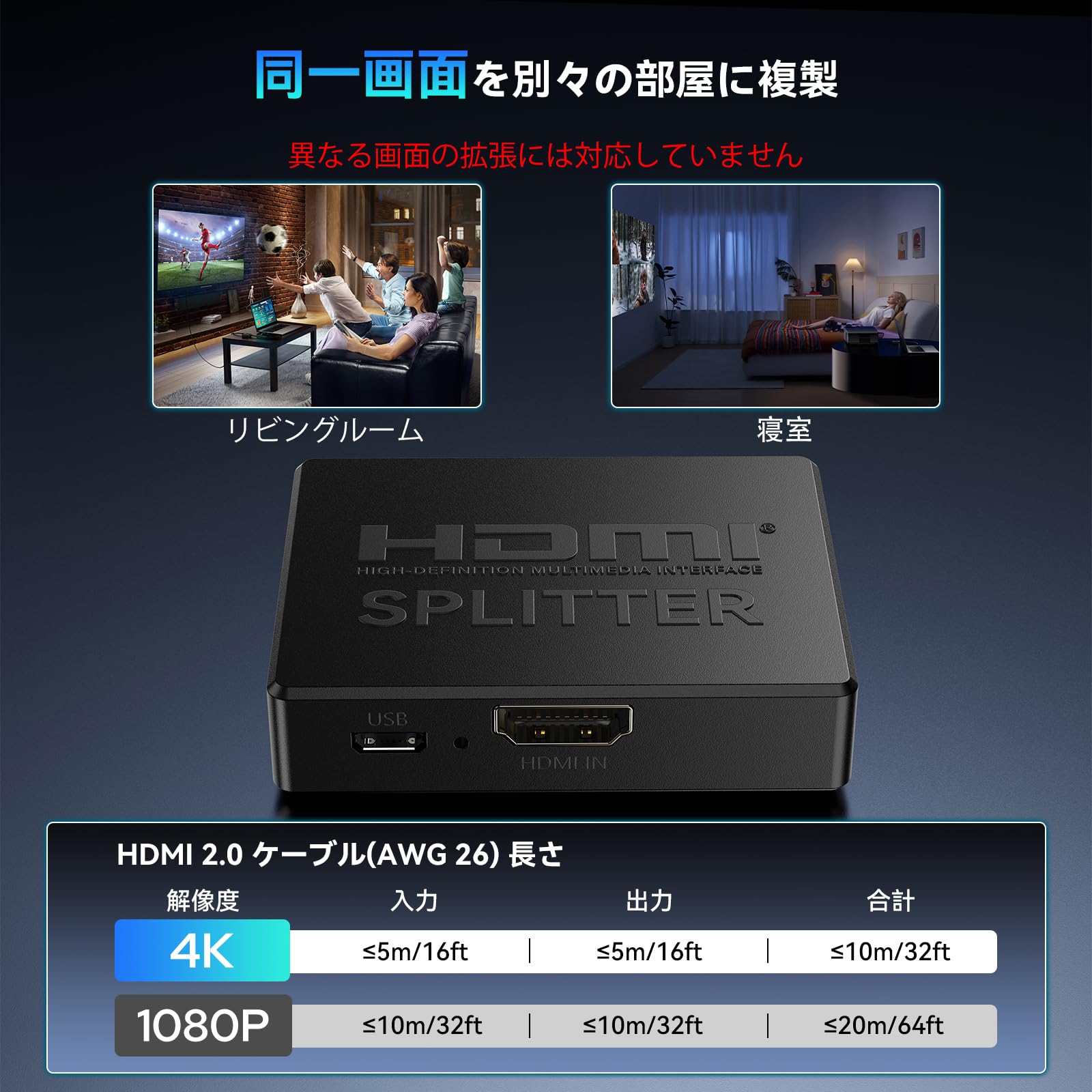 Amazon | HDMI 分配器 1入力2出力 4K 30Hz 音声 ビデオ 同時出力 付き