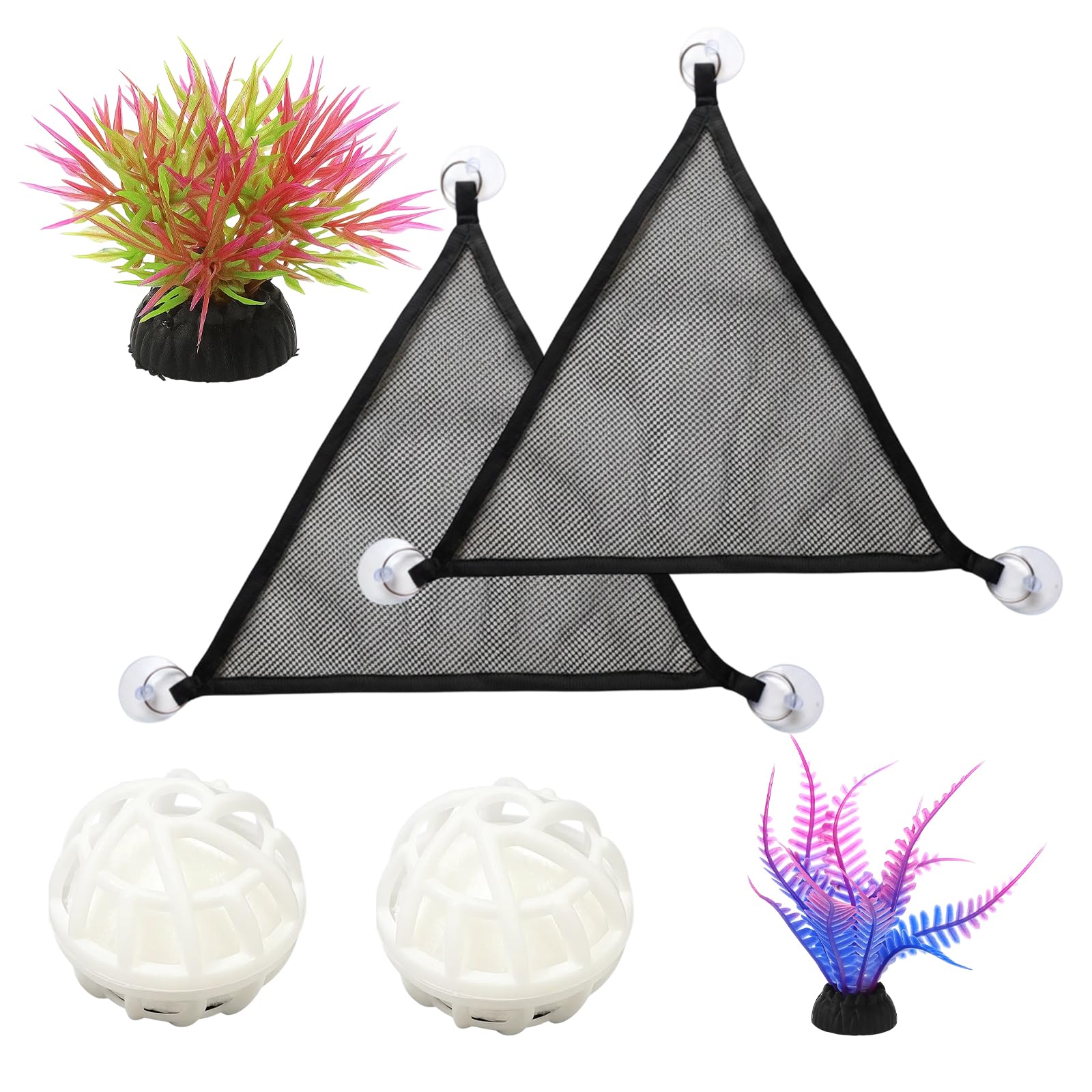 6 Pieces for Aquarium, 2 Hammocks 2 Aquatic Plants 2 Balls, Axolotl Tank Accessories Set, Durable and Safe Materials for Axolotl Hides and Aquarium Setup (6PCS,One Size)