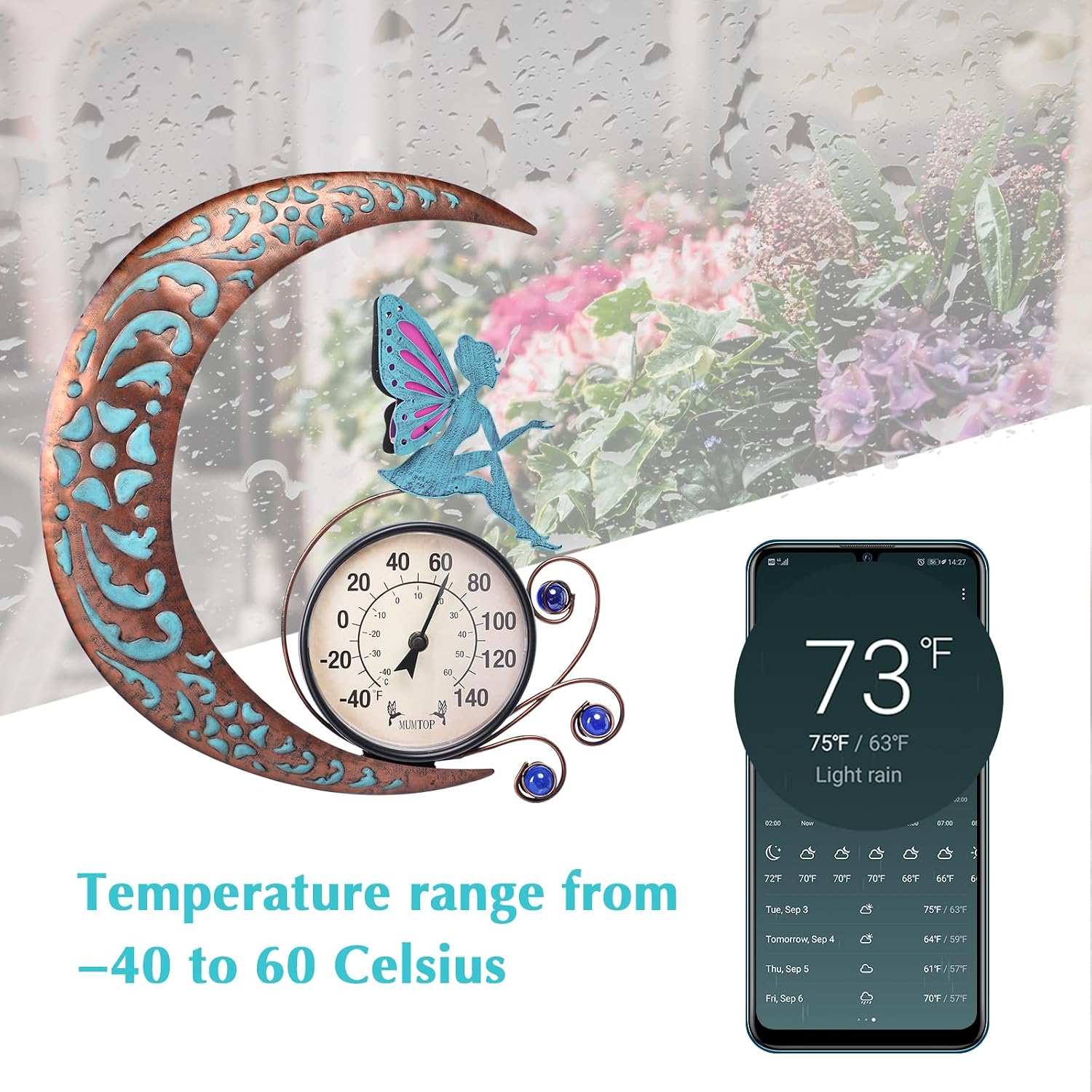 MUMTOP 16 Inch Fairy Indoor Outdoor Thermometer, Large Number Decorative Wall Mounted Thermometer for Patio, Yard, Garden