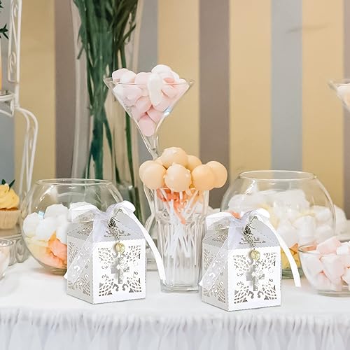 Vista 7 de Bonuci Juego de 50 paquetes de recuerdos de bautismo, cuentas de rosario acrílico, perlas de imitación con bolsas de organza y cajas de recuerdo