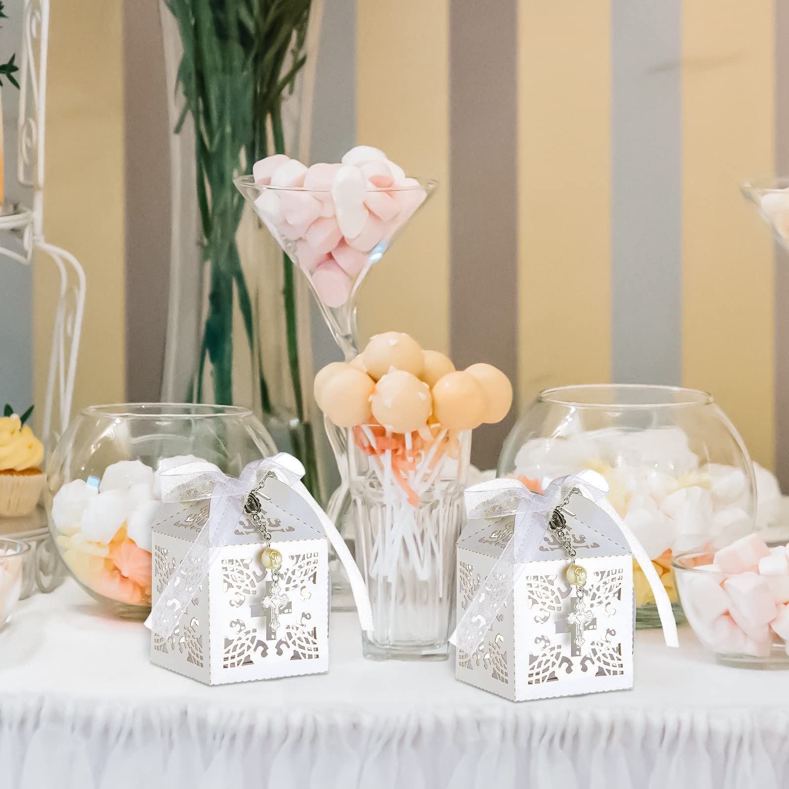 50 Paquets 150 Pièces Cadeau pour Bapteme Invité Souvenir Communion 50 Mini Chapelet Catholique avec 50 Sacs en Organza 50 Boîte à Dragées pour Baptême Communion Mariage