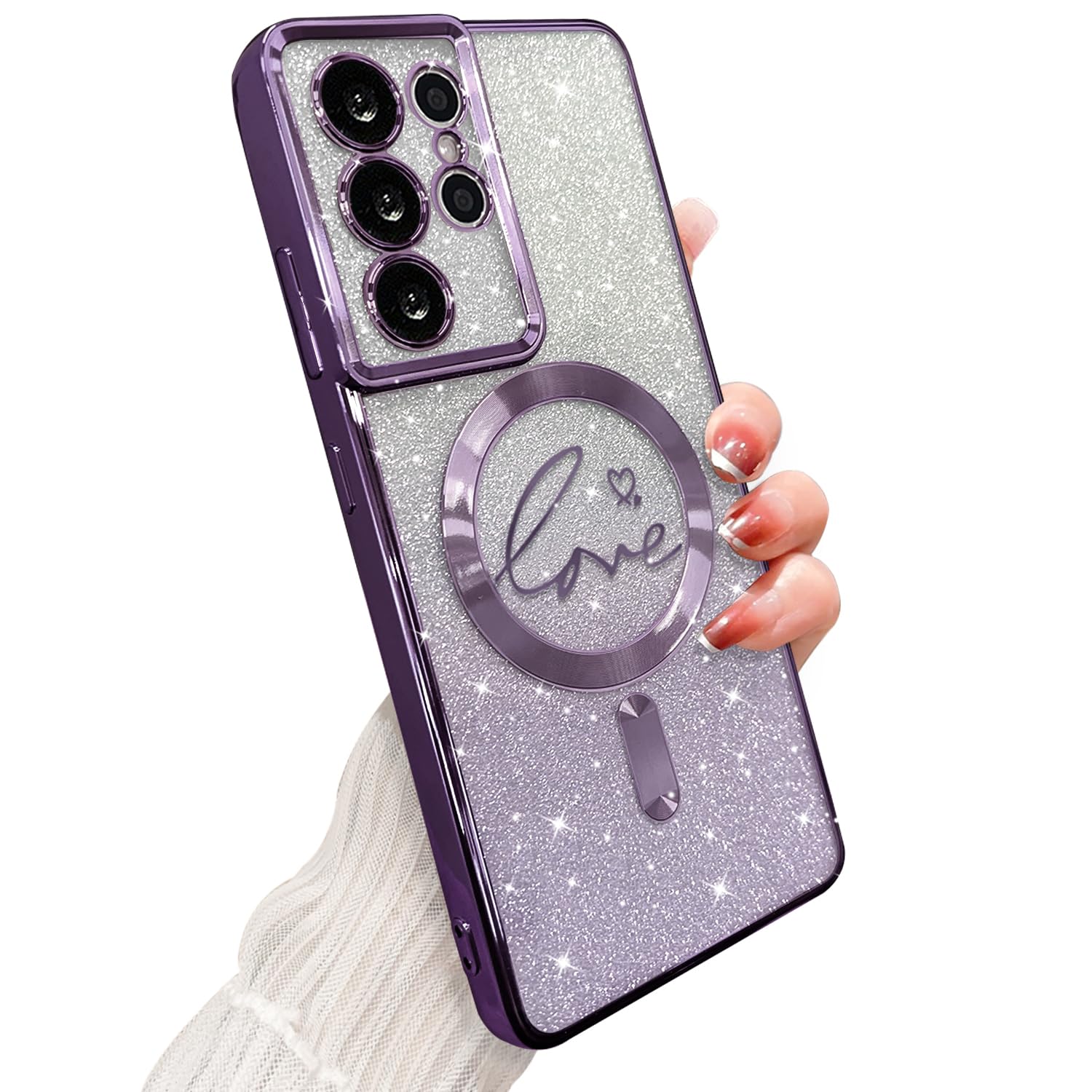 ZONRW for Samsung Galaxy S21 Ultra Case Magnetic,for Women Girl Soft Cute Luxury Love Heart Plating Bling Gradient Glitter Clear Phone Case Compatible