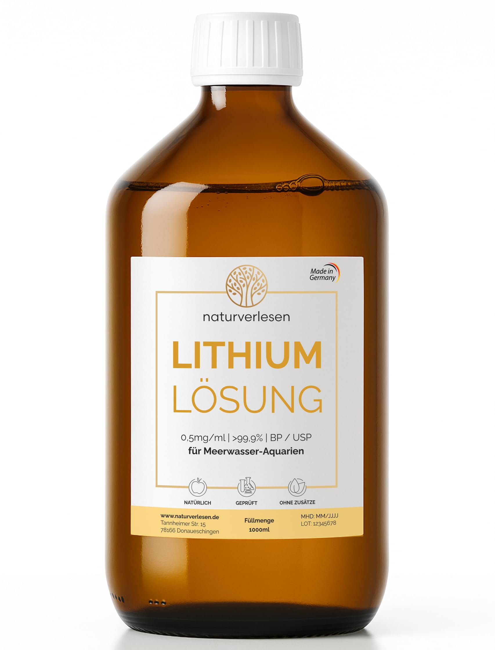 1.000ml Lithium Lösung von naturverlesen - 0,5mg/ml * Höchste, geprüfte Reinheit * Hergestellt in Deutschland (med. Braunglasflasche)