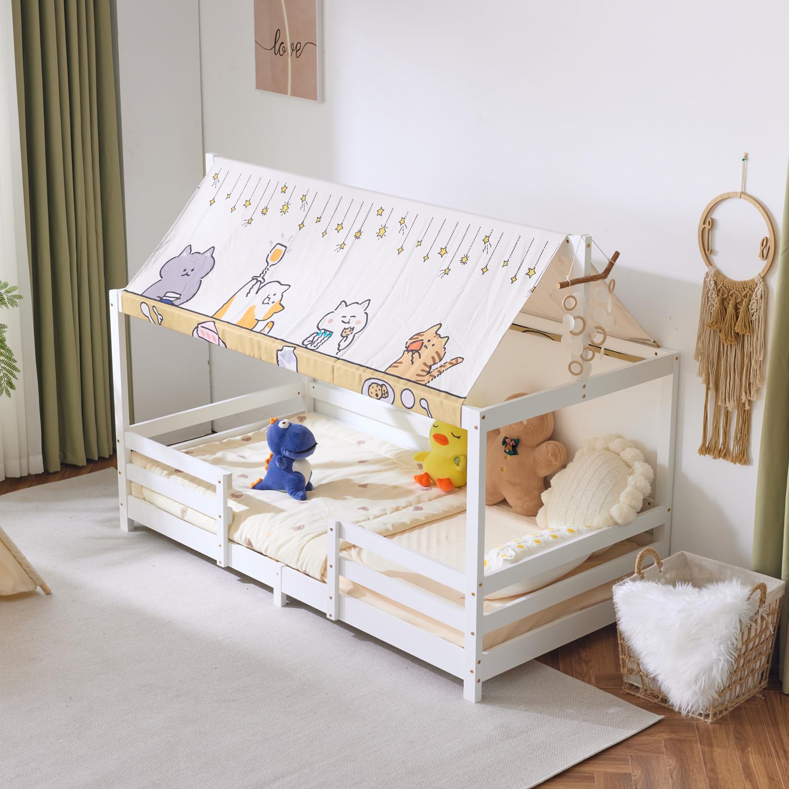 LEADZM Kinderbett Bodenbett 90x200 cm, Kinder Bett Mit Stoffhimmel (Weiß) | Kinderbetten inkl. Rausfallschutz & Lattenrost, Bodenbett Kinder bis 200 kg