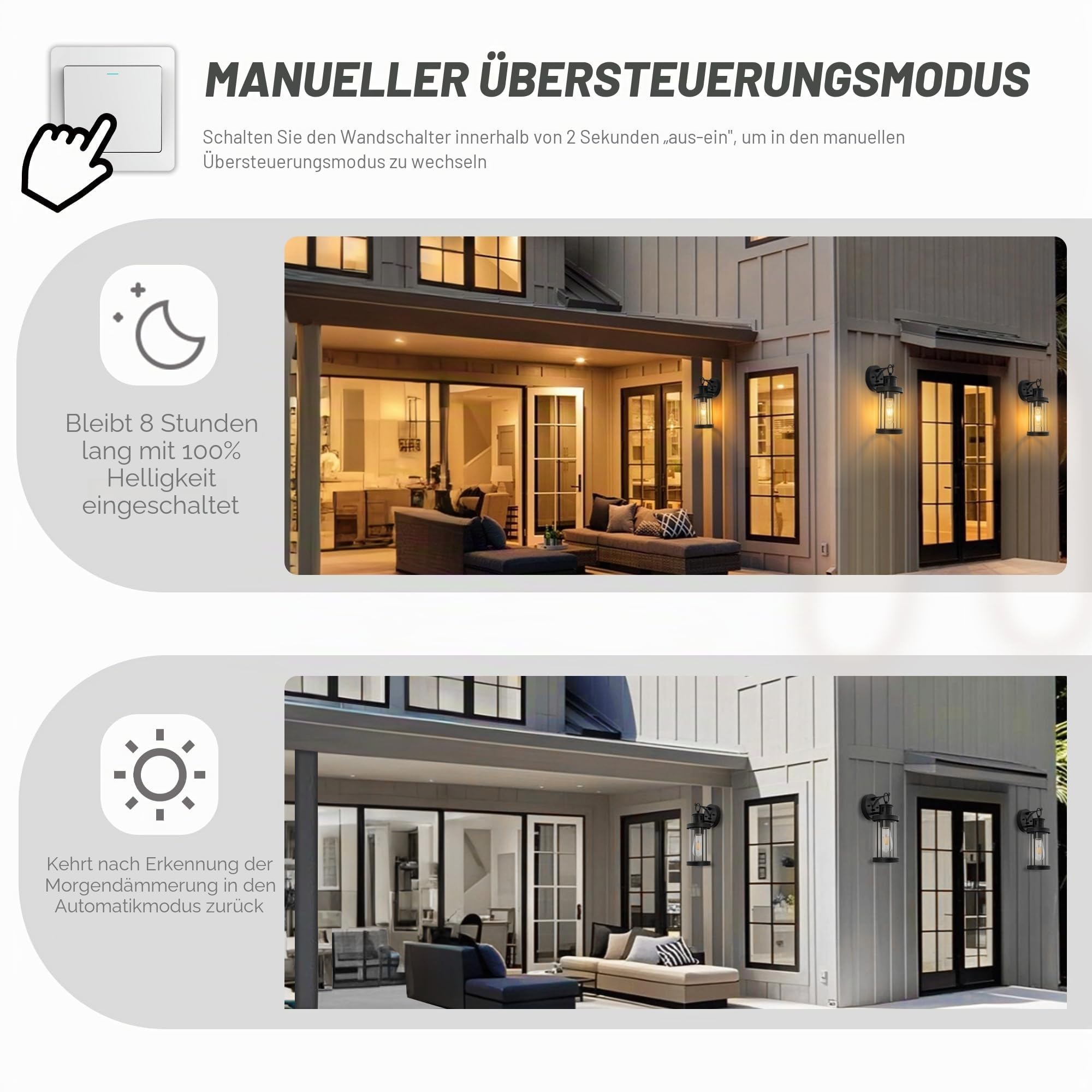FTL Außenlampe mit Bewegungsmelder, Modern 3 Beleuchtungsmodi Lampe mit Bewegungsmelder Aussen, Wasserdichtes E27 Außenwandleuchte, Ausenbeleutung Hauswand für Terrasse, Veranda, Mattschwarz