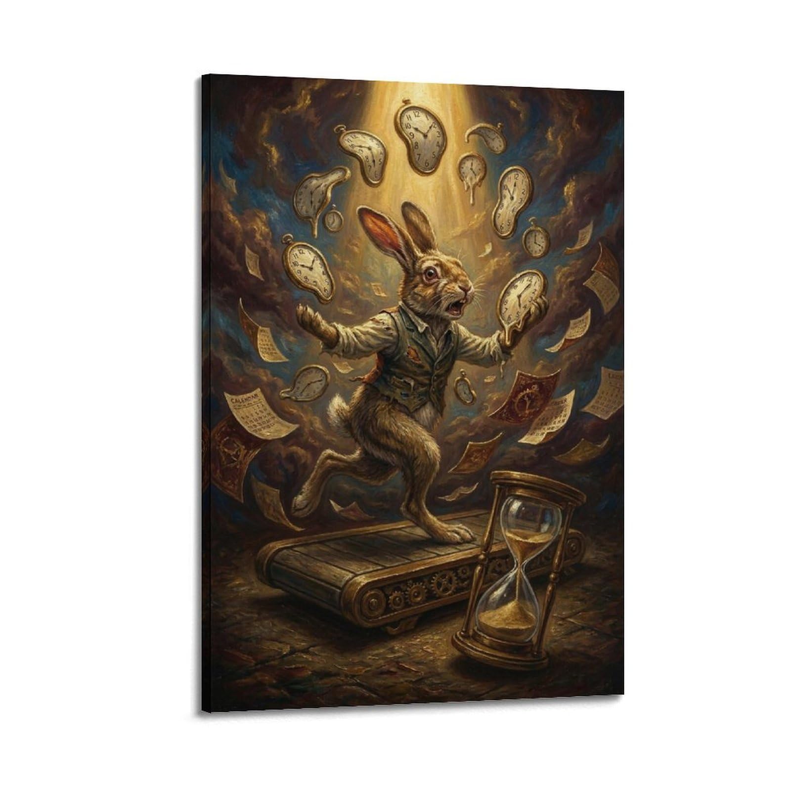 XKUGA Poster Surreale vintage con stampa su tela decorativa con coniglio e clessidra, orologio caos, decorazione artistica da parete moderna, ideale per famiglia, grotta degli uomini, sala giochi