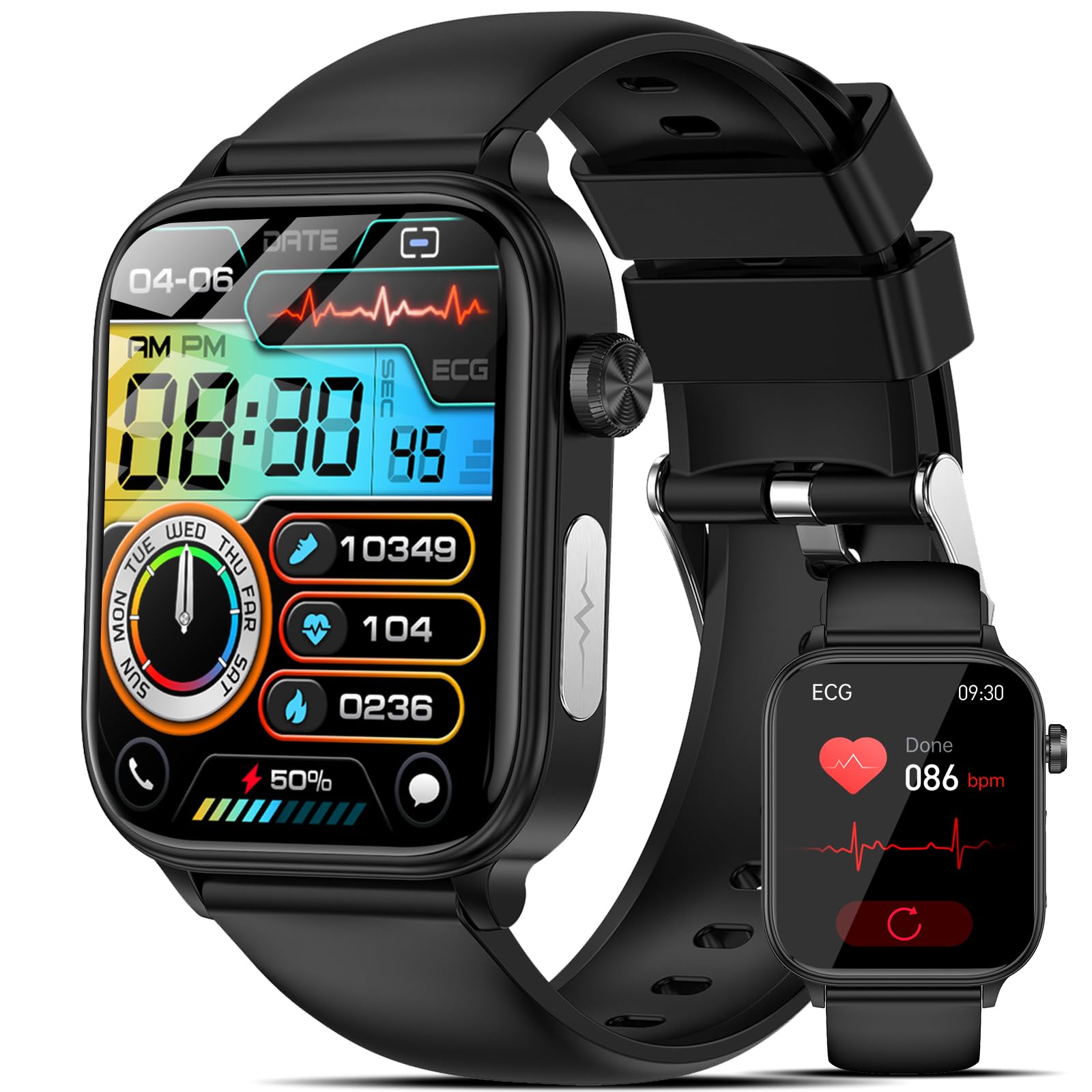 Marsyu 2026 Smartwatch Uomo Donna ECG/Pressione Sanguigna/Acido Urico/Sonno/Cardiofrequenzimetro/Temperatura Corporea/BMI,1,96" Orologio Salute con Telefono/Pulsante SOS,per iOS Android