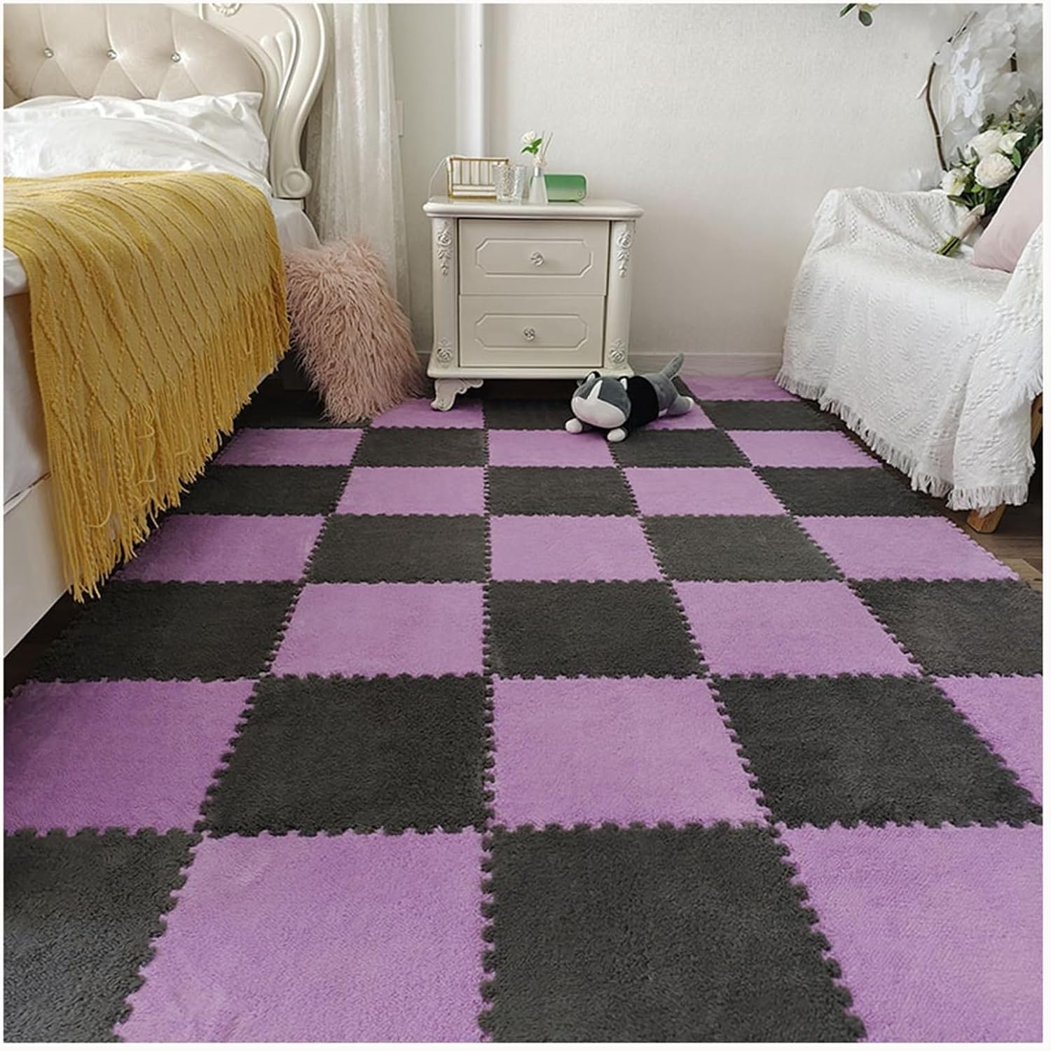 30pcs Foam Rugs for Children Kids Room, Shaggy Interlocking Foam Carpet, Anti-Slip Tiles Rug, Fluffy Puzzle Mats(Gray+Purple)