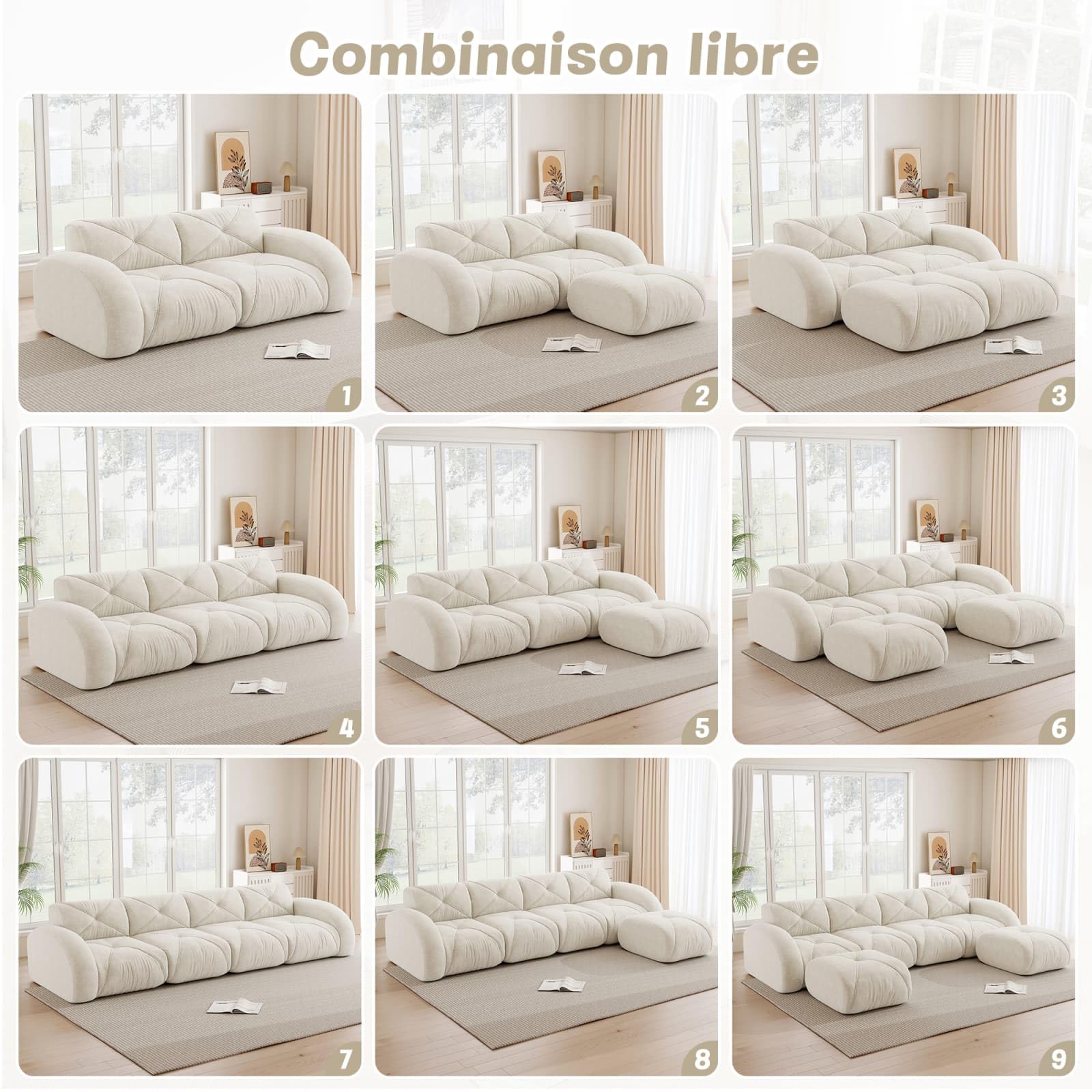 EURHCIO Canape 4 Places,Canapé Salon,Modulable et Convertible,Tissu Chenille,Aucun Montage Requis (Blanc, 4places)