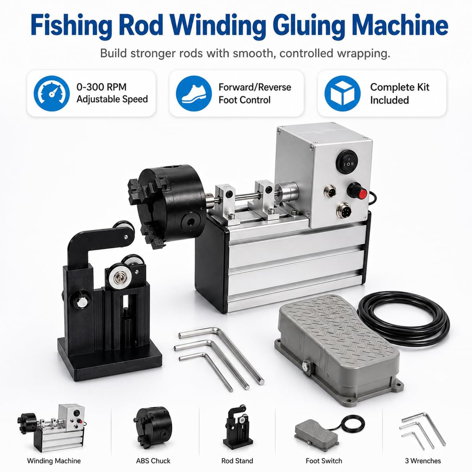 Kit Elettrico per Canne da Pesca, Avvolgitore 0–300 RPM | Pedale Avanti e Indietro, Morsetto 0–50mm, Supporti Regolabili, per Riparazione e Costruzione di Canne(gray)