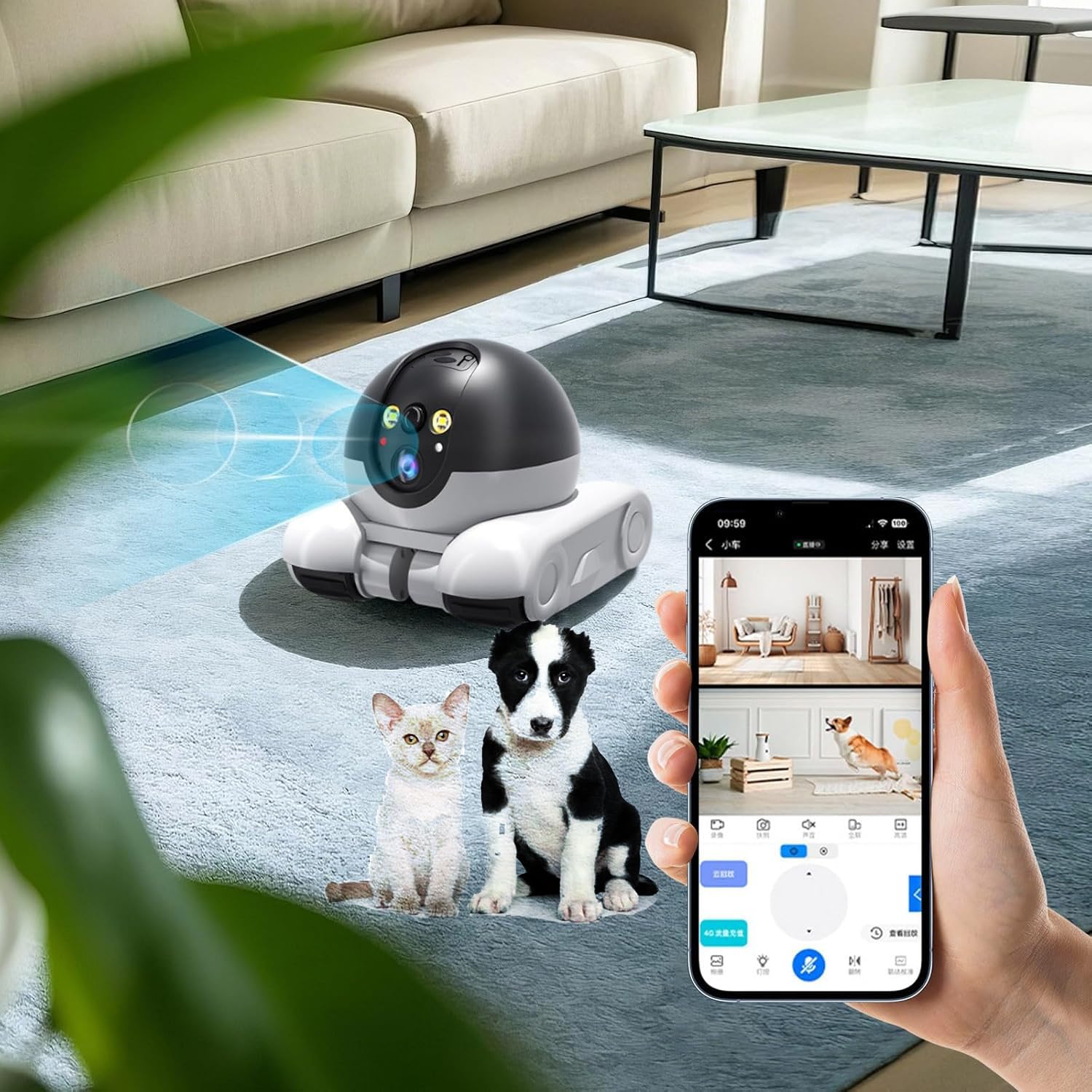 Telecamera di sicurezza domestica per animali domestici, 1080P, telecamera mobile per interni, conversazione a 2 vie, rilevamento del movimento, visione notturna, telecamere mobili wireless con