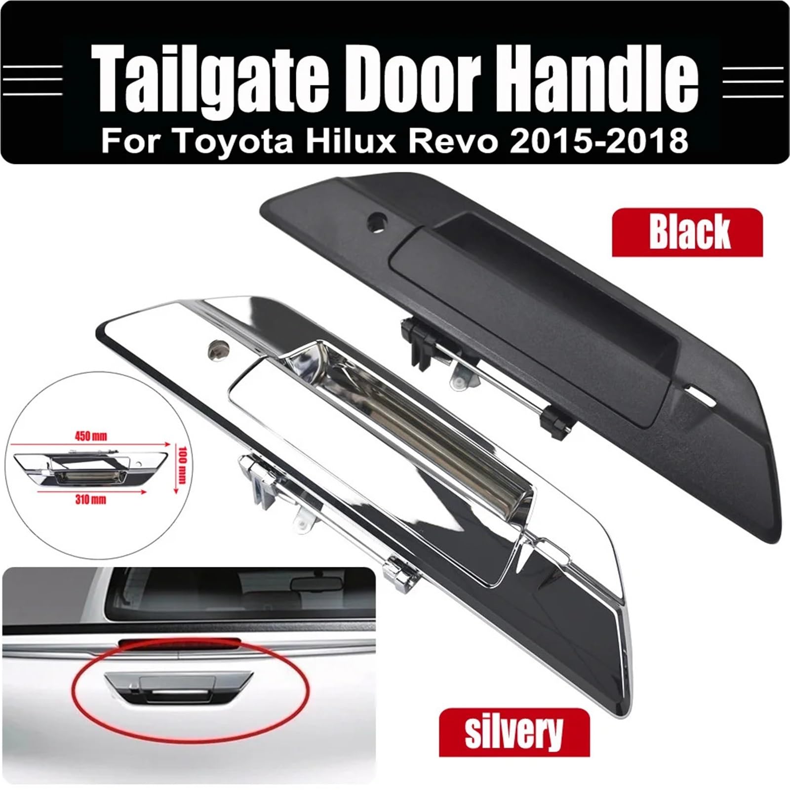 fundas de manija para puerta Trim Manija de puerta trasera con orificios para llave cámara 69090-0K110 690900K110 Compatible Toyota Hilux Revo 2015-2018 Manilla Tirador Lateral(Silver A)