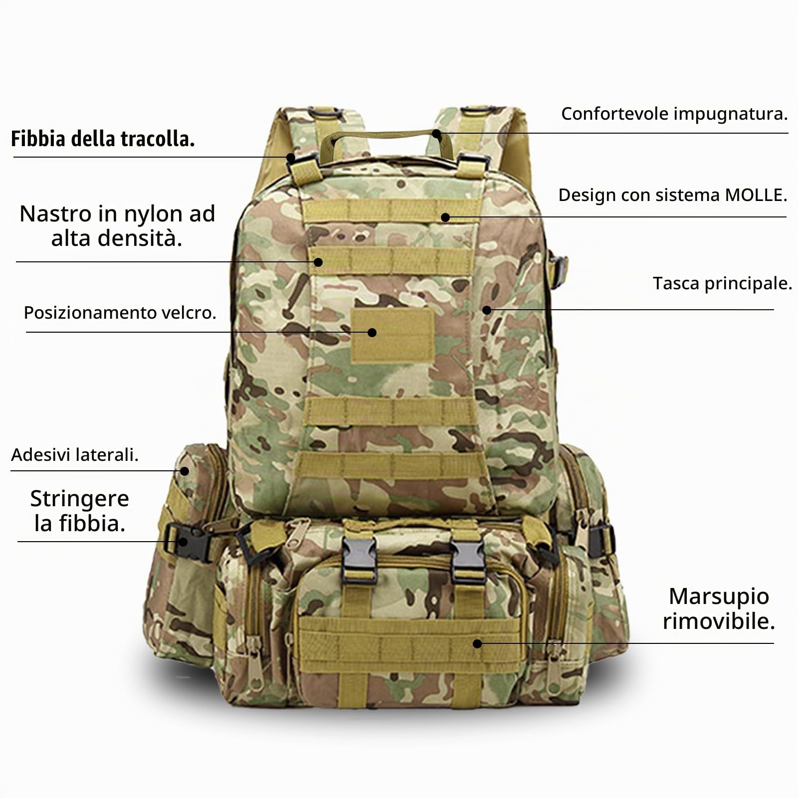 Zaino militare tattico 60L emergenza esterno impermeabile per escursioni campeggio alpinismo
