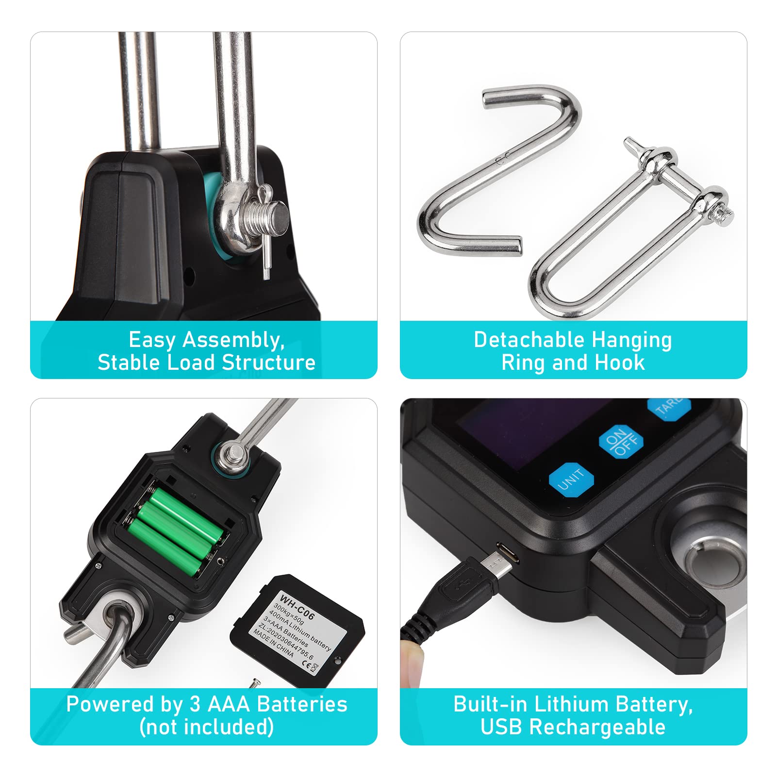 Báscula de grúa portátil de alto rendimiento, 300 kg/600 libras, báscula colgante electrónica digital, báscula de gancho industrial recargable, interruptor único, almacenamiento de datos, tara, cero