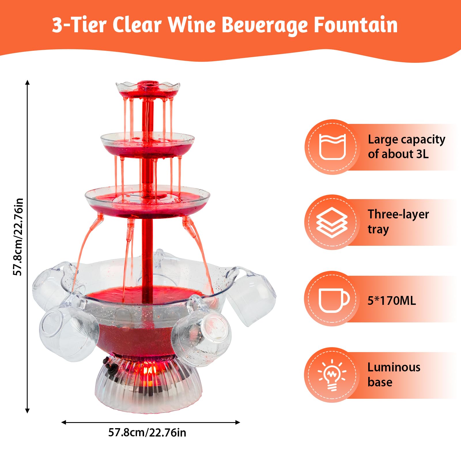 Fontaine de fête transparente à 3 niveaux, fontaine de fête à vin rouge avec 5 tasses pour boissons au vin liquide, base éclairée par LED, placement stable, pour jeux à boire, bar, fête d'anniversaire