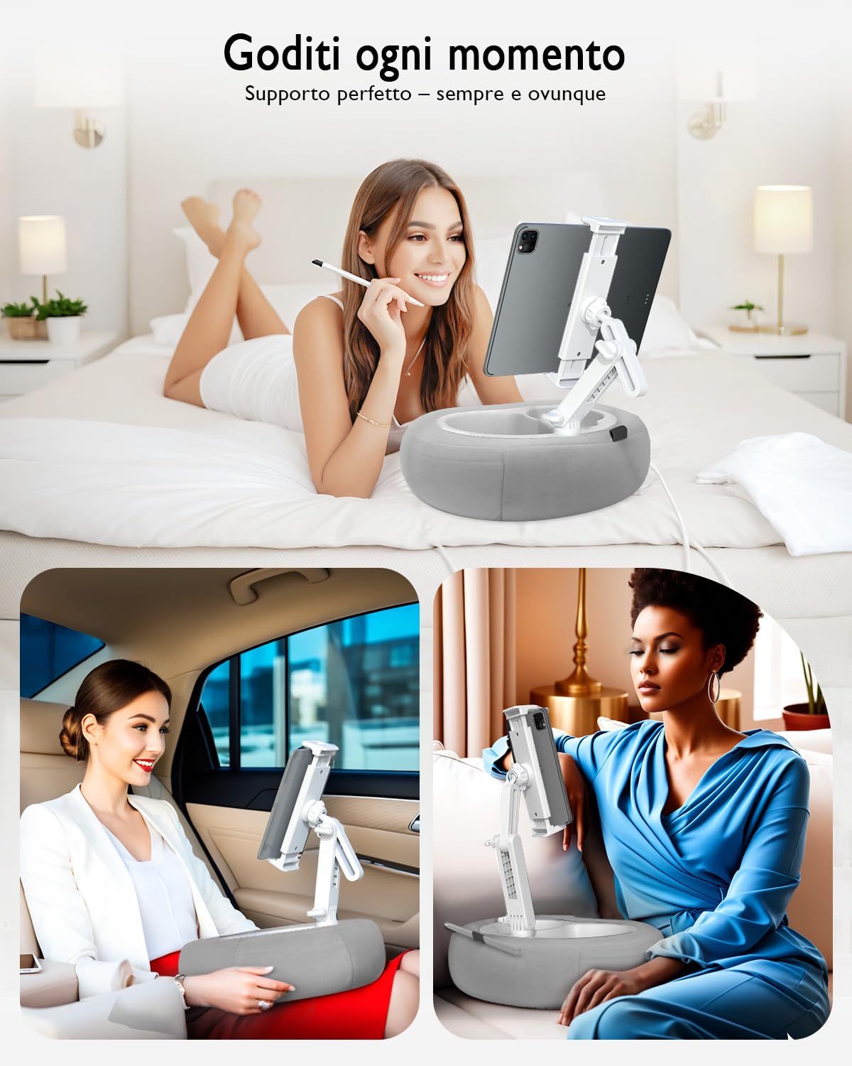 Miledi Cuscino Supporto Tablet per Letto e Divano, Supporto Kindle e iPad Regolabile a 360° per Dispositivi da 5 a 12,9 Pollici, con Porta Bicchiere e Vassoio Snack per Lettura e Relax, Grigio