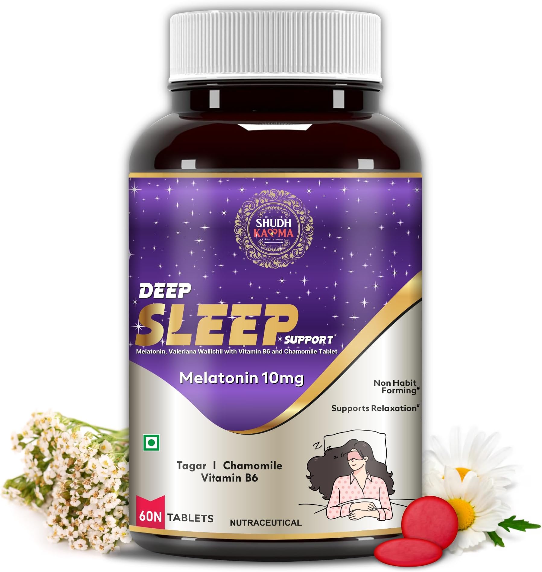 Shudh Kaama Deep Sleep With Melatonin 10mg and Tagar 250mg | Sleeping Aid Pills for Deep And Strong Sleep For Men and Women | Non-Habit Forming & Non-Addictive – 60 Tablets